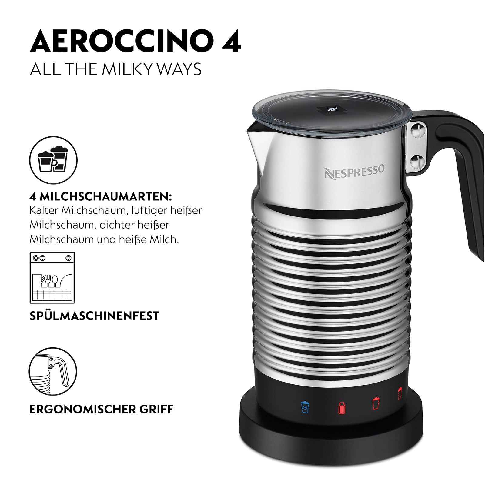 NESPRESSO Aeroccino 4 elektrischer Milchaufschäumer silber | Aufschäumer aus Edelstahl für 120ml cremigen Milchschaum heiß oder kalt & 240ml heiße Milch, spülmaschinenfest