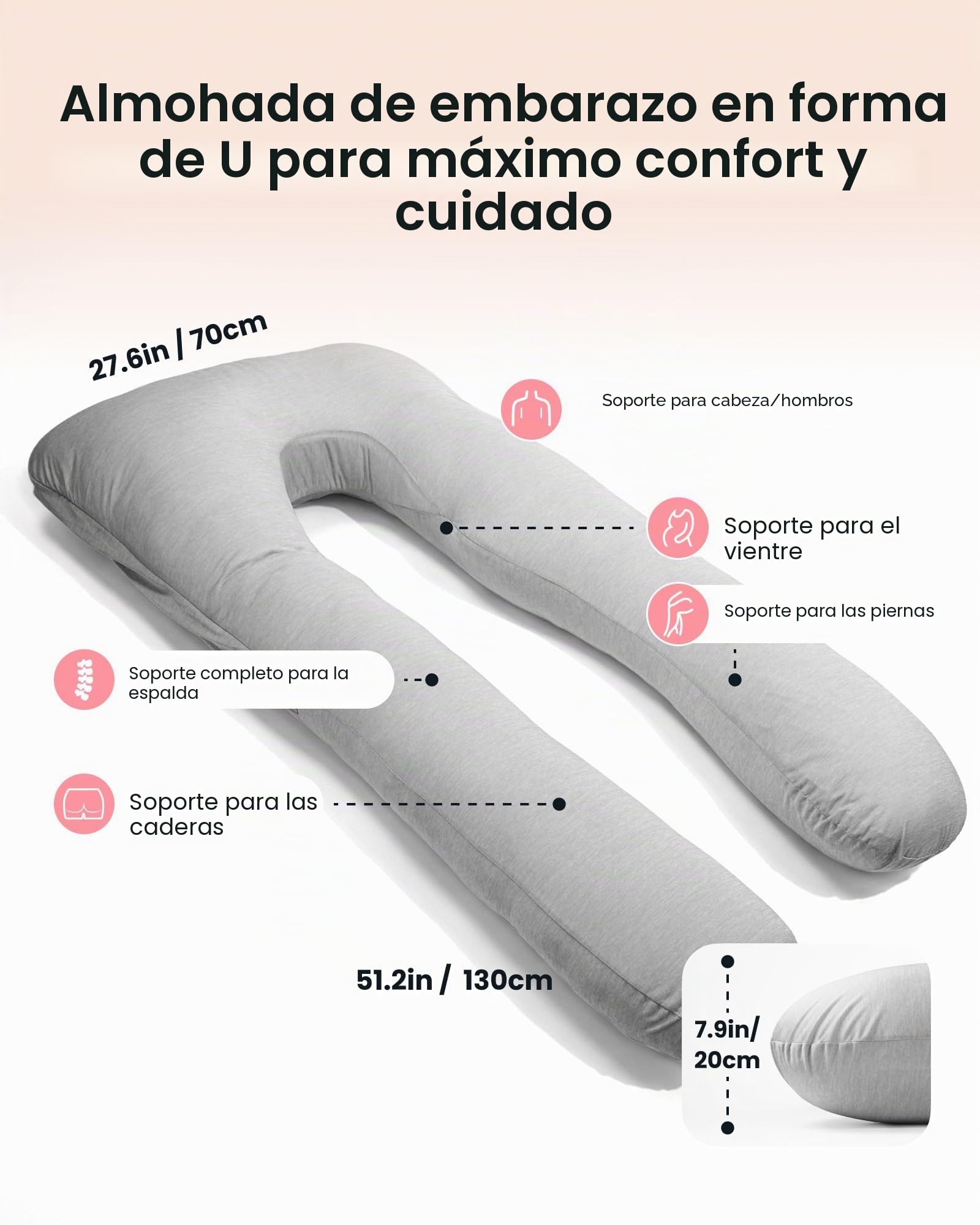 Nuliie Almohada Embarazada Dormir en Forma de U, Cojin Embarazada con Funda de Tela Fresca y Lavable, Almohada Embarazo para Soporte de Espalda, Caderas y Piernas (Gris Claro Refrescante)