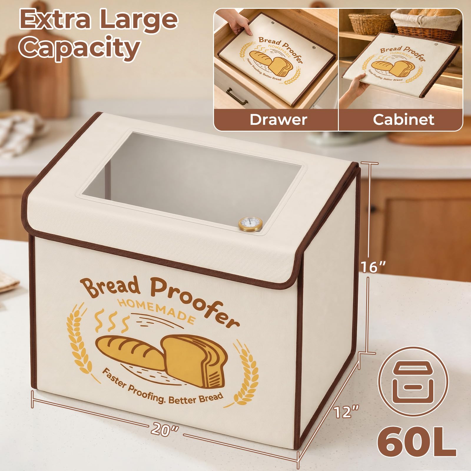 Extra große Faltbare Brotgärbox mit 10-45°C Temperaturkontrolle & 48H Timer, Teigproofer mit Hygrometer, Metallgestell, Sauerteig-Starterwärmer Sauerteig-Proofer Box für die Herstellung von Brot