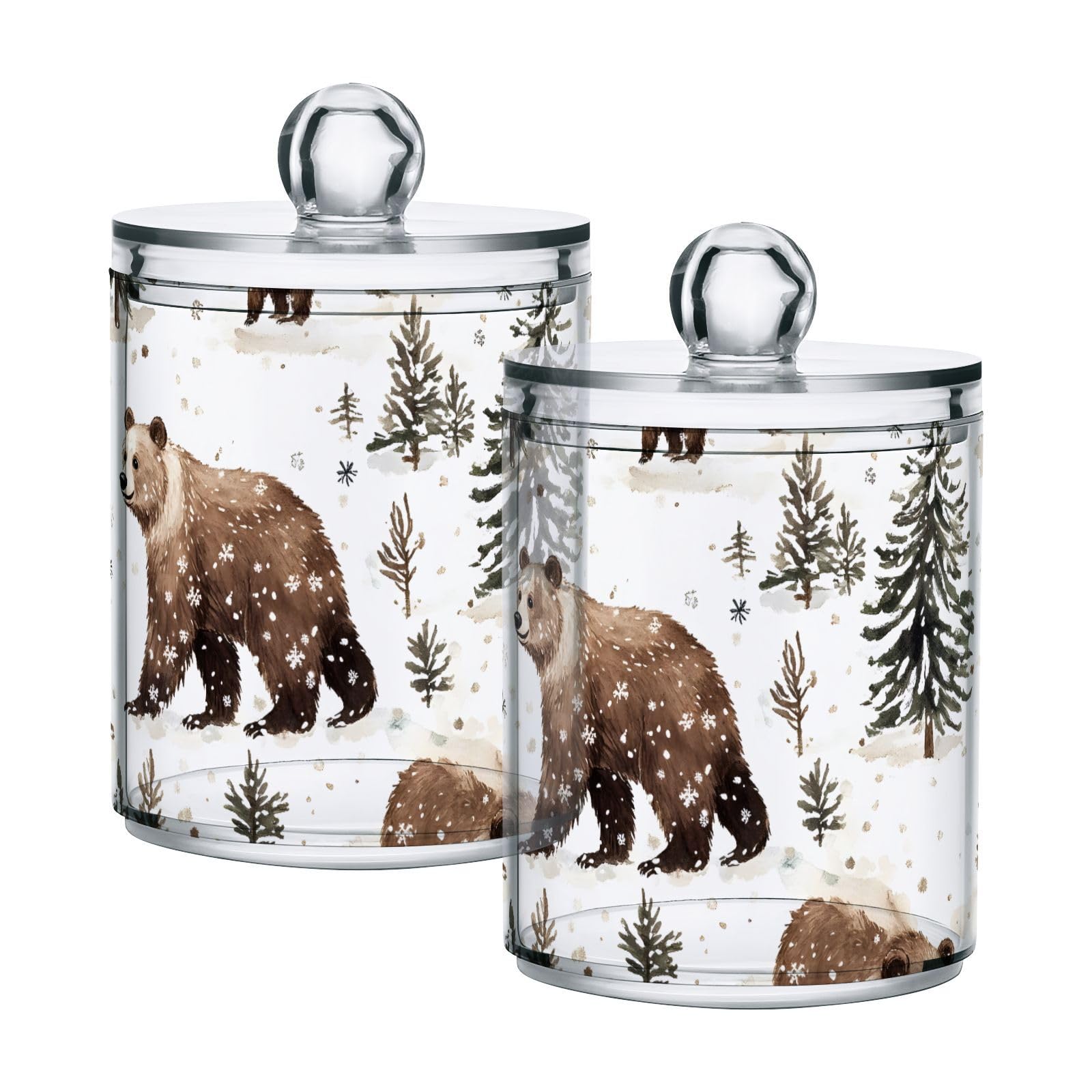 4 Pack Qtip Holder Dispenser Bears Winter Forest Animal Cotton Ball Cotton Swab Cotton Round Pads Floss Clear Bathroom Storage Containers Plastic