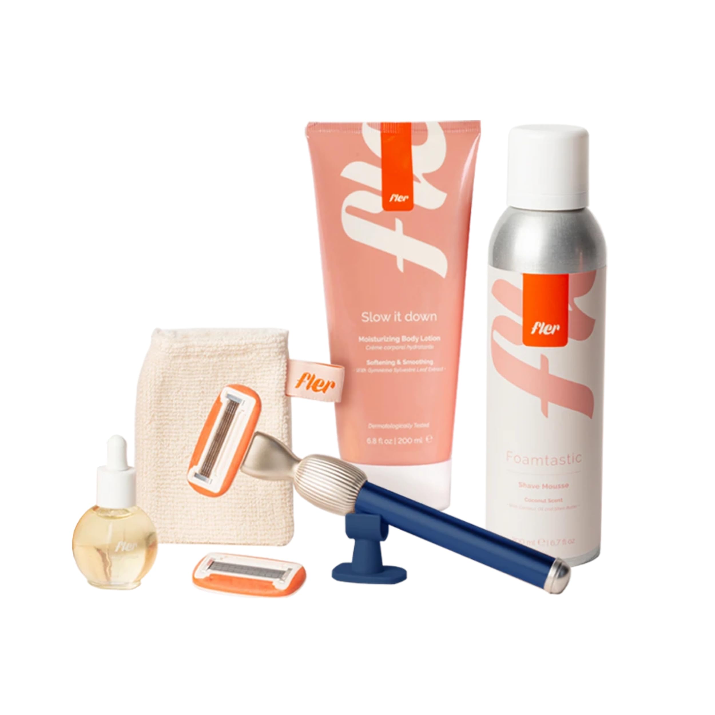 Fler Dream Team Set - Maquinilla de Afeitar para Mujer, Soporte y 2 Recambios, Set con Mousse Depilatoria, Aceite Post Depilación y Crema Corporal Calmante, Cuchilla con Aloe Vera (Azul, 200ml)