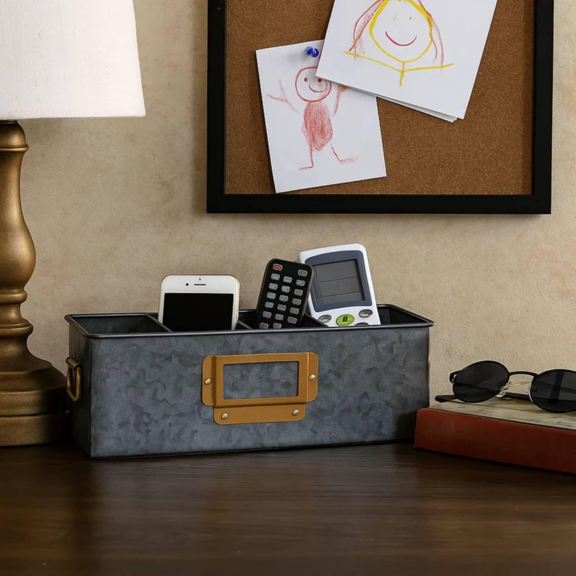 Elan All In One Antique Multi Functional 4 Compartment Utensils Holder For Official Storage Organizer (Black With Copper)