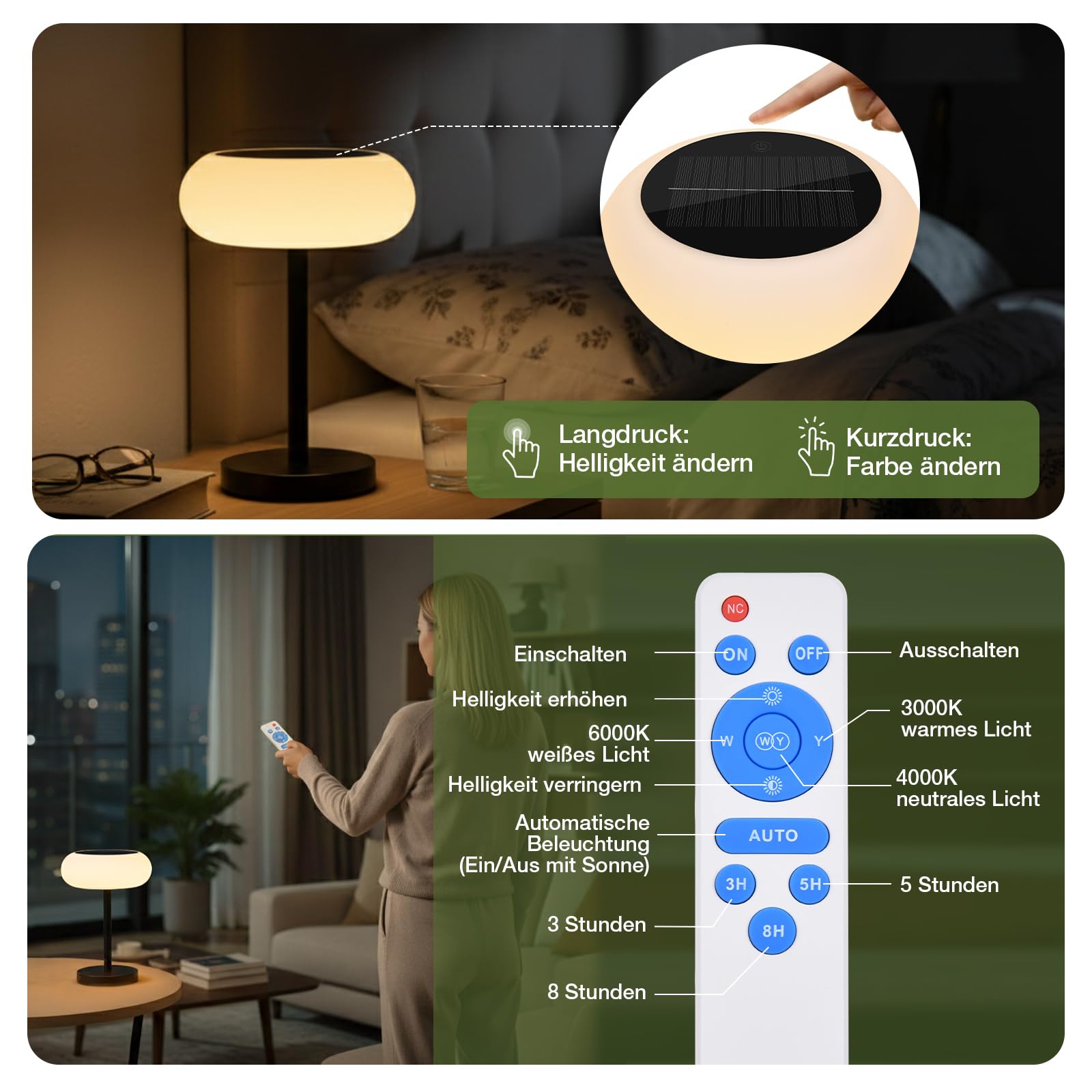 Rosnek 2er Solar LED Tischlampe Kabellos, 4000mAh Tischlampe Akku mit IP65 Wasserdicht & Timer, Intelligente Sensorik mit Fernbedienung, 3 Farbmodi & Stufenlos Dimmbar Tischleuchte für Garten