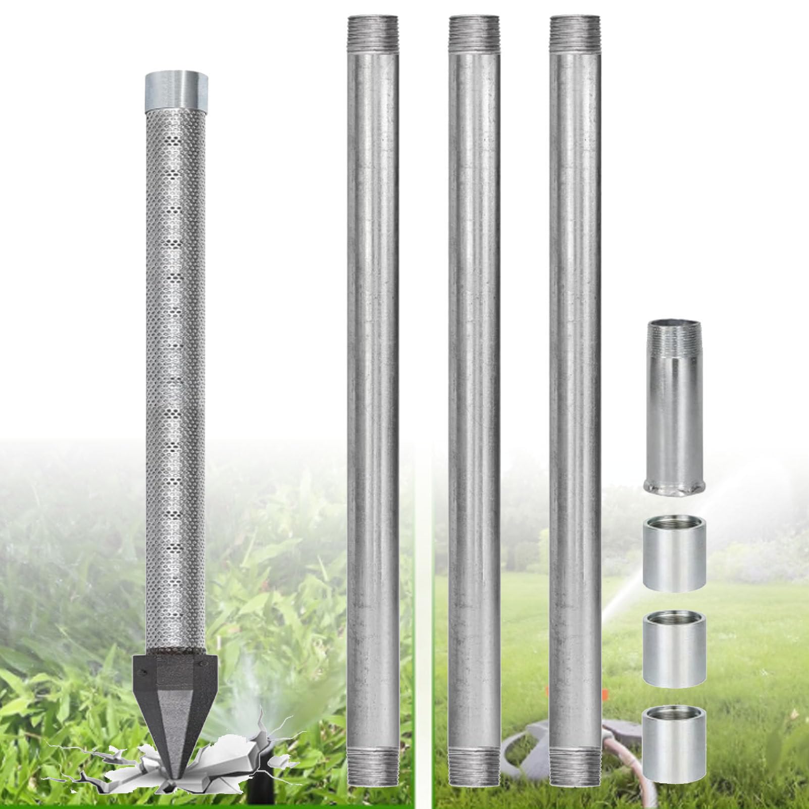 Oiyekntd Well Drive Point Kit, 1-1/4 Stainless Steel Well Point Galvanized Drive Point Well Pipes, Heavy Duty Shallow Well Drilling Kit for Drive Sand Point Well&Soft Soil Well NoWaterPump-4M