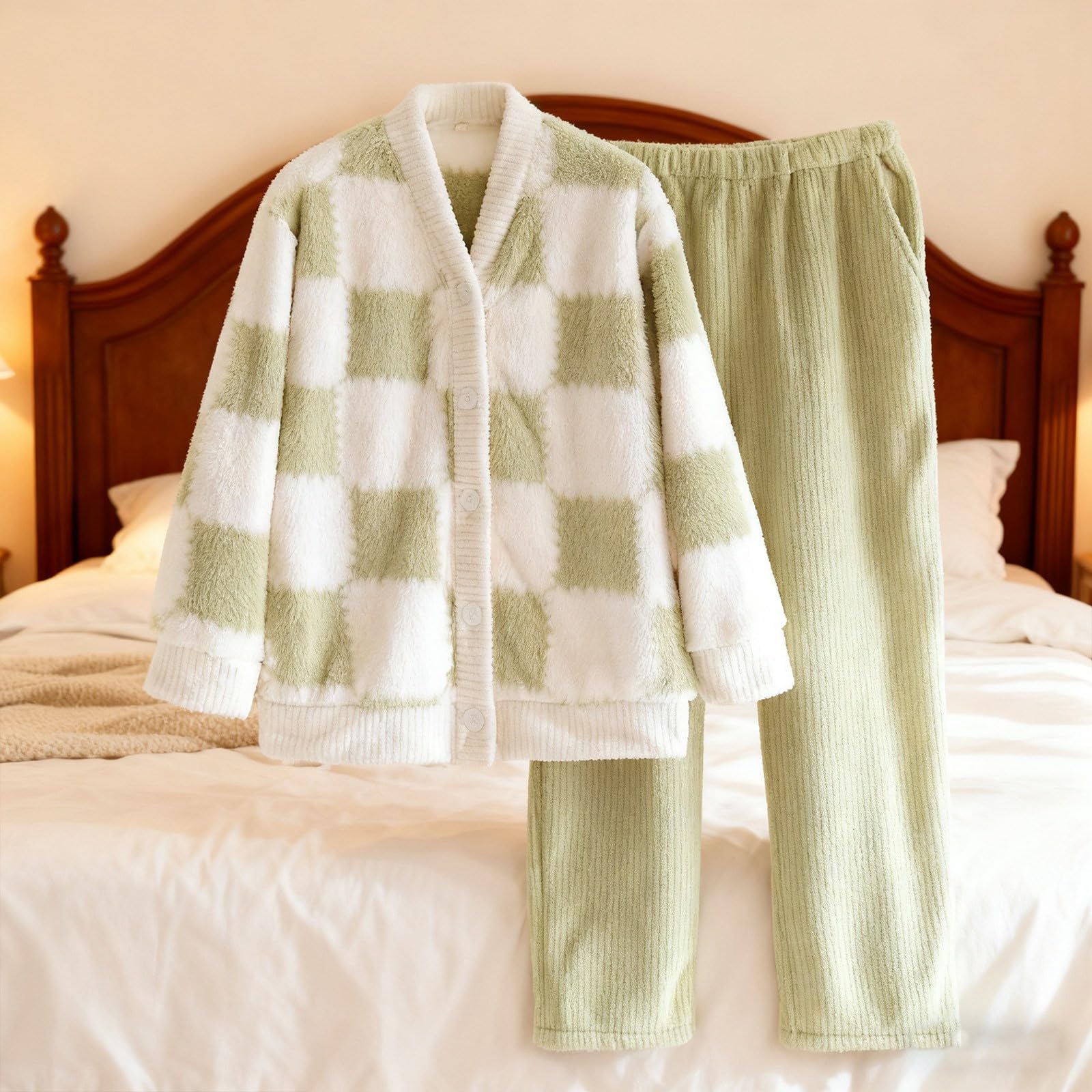 Caldo e Spesso in Pile Corallo con Maniche Lunghe e Pantaloni Multicolori, per Il Relax a casa