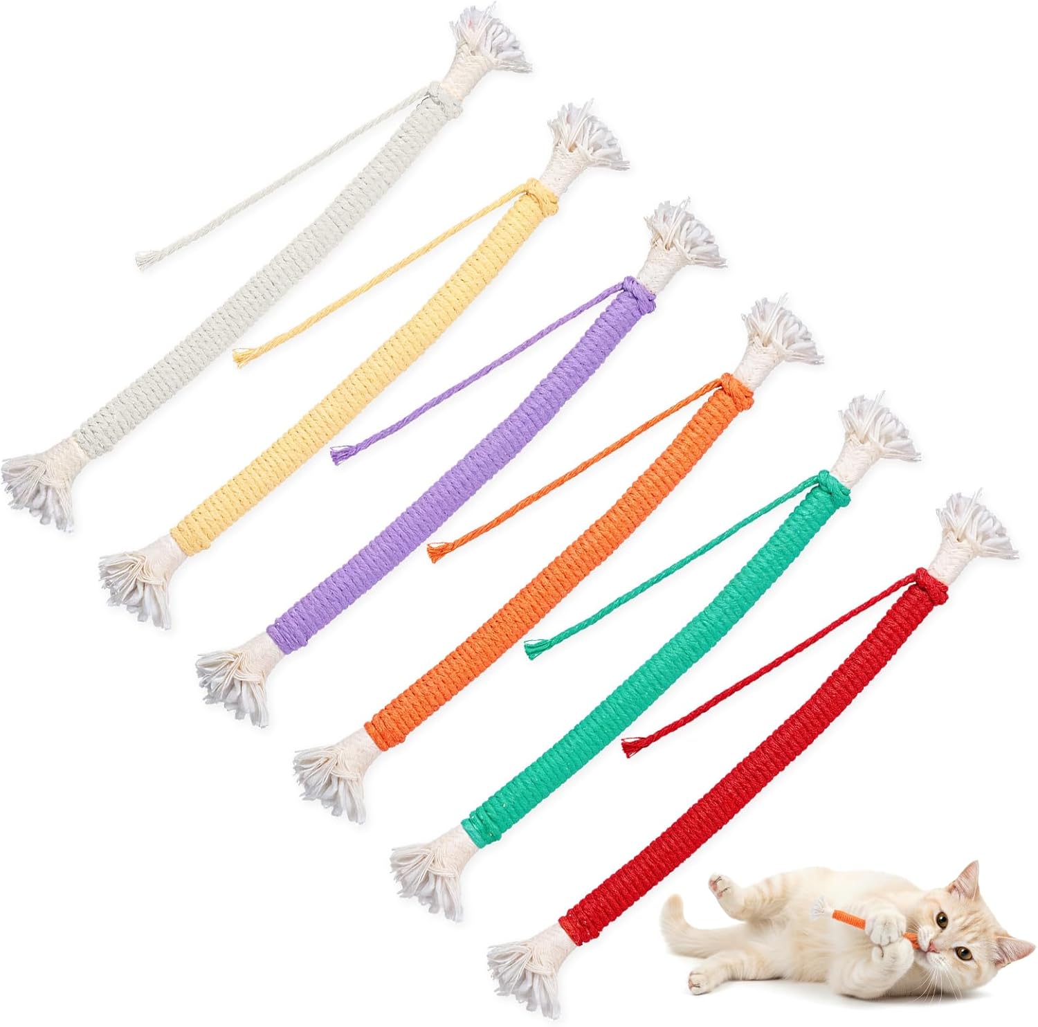 Cat Toys Chew Ropes, 6 PCS Kitten Teething Toys for Indoor Kittens Interactive Cats Cleaning Toy Refillable Catnip Cat Chew Ropes Toy for Indoor Cats Teeth Cleaning Self Playing