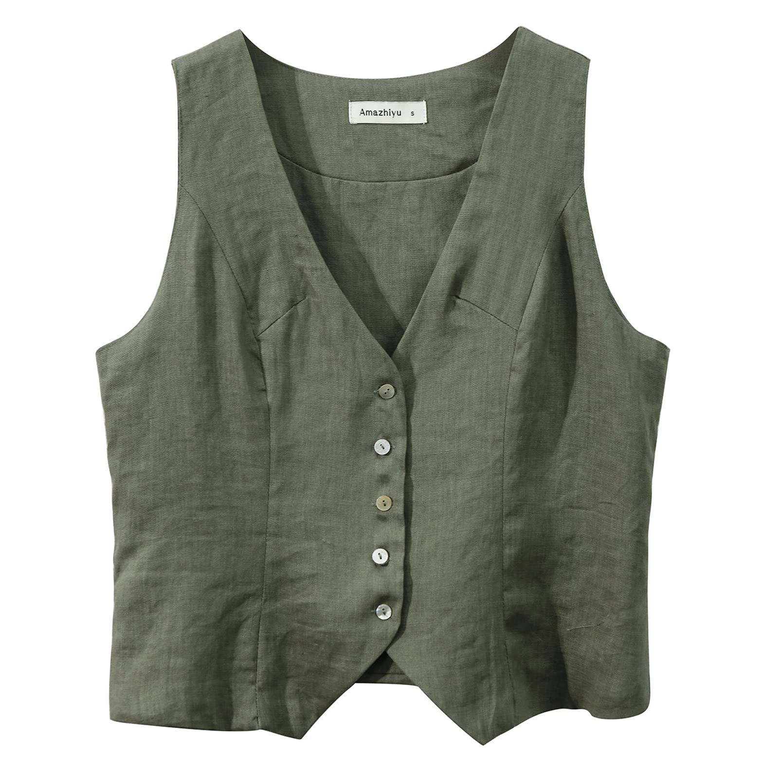 Amazhiyu Womens Pure Linen Sleeveless Button Down Crop Top V Neck Waistcoat Vest