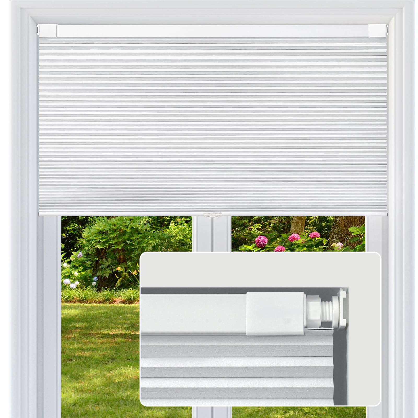 Cordless Cellular Shades, No Drill No Tools Honeycomb Window Blinds, Blackout Light Blocking Cellular Shades for Window, Thermal Insulation Blinds, Easy to Install, White 24" W x 48" H