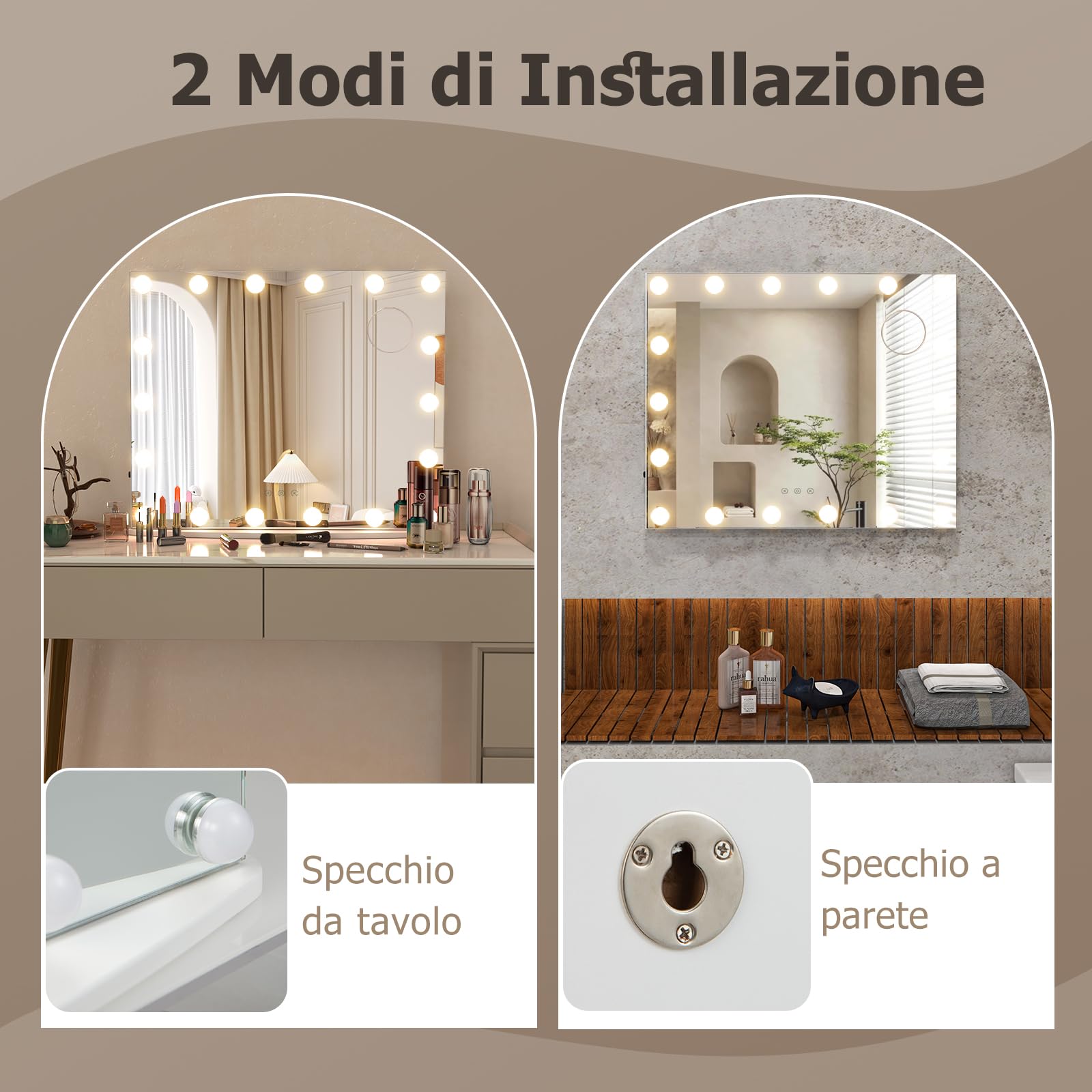 GYMAX Specchio Trucco con Luci, 18 Led, 65 x 52,5 cm, Specchio da Parete/Tavolo con 3 Modalità Luce, 4 Luminosità Regolabile,Specchio con Luci Make Up