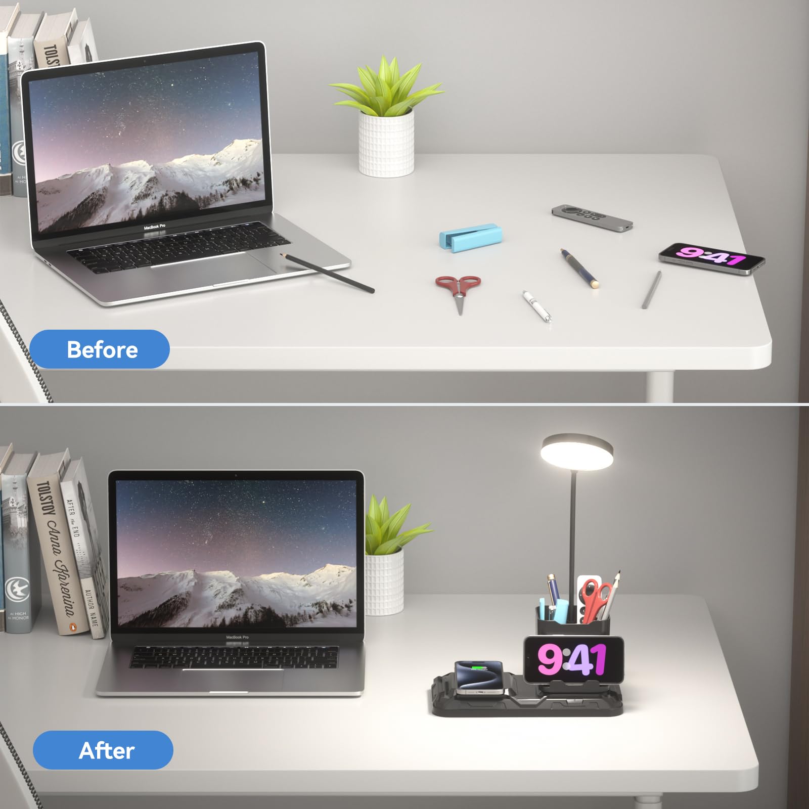 KDD Lampara Escritorio con Carga Inalámbrica, 4 en 1 Flexo LED Escritorio con 2 Modos 3 Niveles de Brillo Regulable, Plegable Lampara de Mesa con Cuello Cisne 360° para Cama Oficina Estudiar Luz Noche