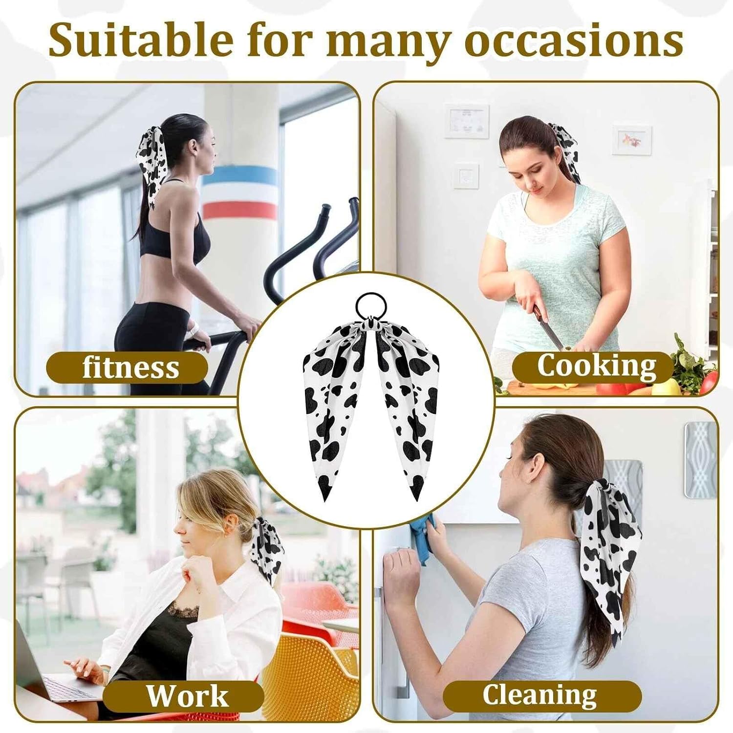 2Pcs Cow Print Hair Band, Elastic Hair Tie Ropes, Non-Slip Bow Hair Scarf Scrunchies for Women, Bowknot Ponytail Holder Hair Accessories for Thick, Long, Curly Hair - Image 4