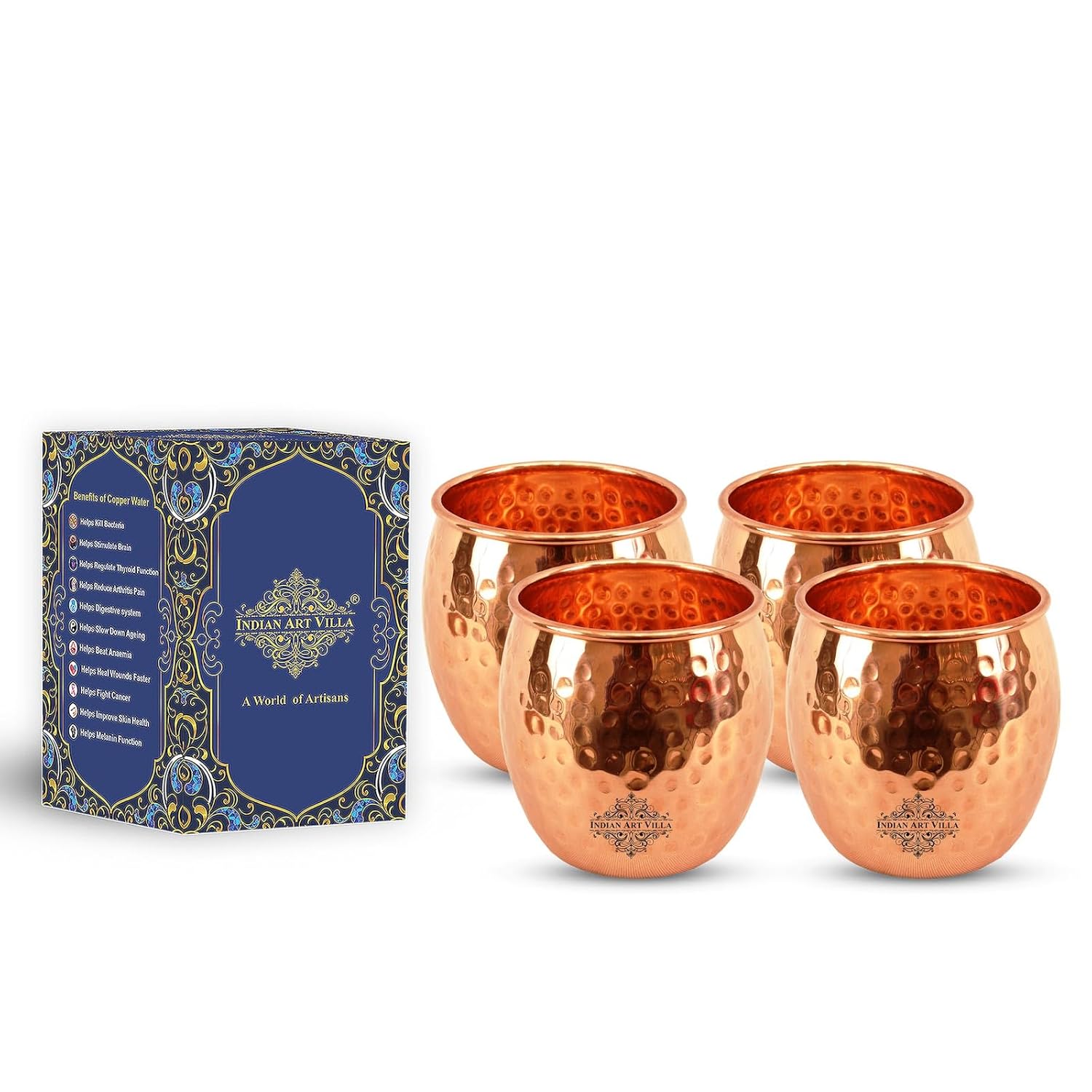 Indian Art Villa Copper Hammered Tumbler 20 Oz Set of 4 Handcrafted Round Copper Glasses Elegant Drinkware for
