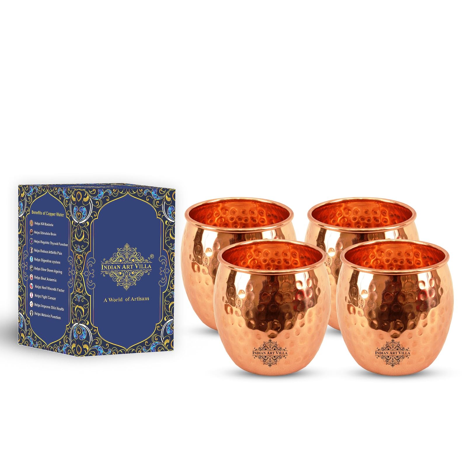 Indian Art Villa Copper Hammered Tumbler 20 Oz Set of 4 Handcrafted Round Copper Glasses Elegant Drinkware for