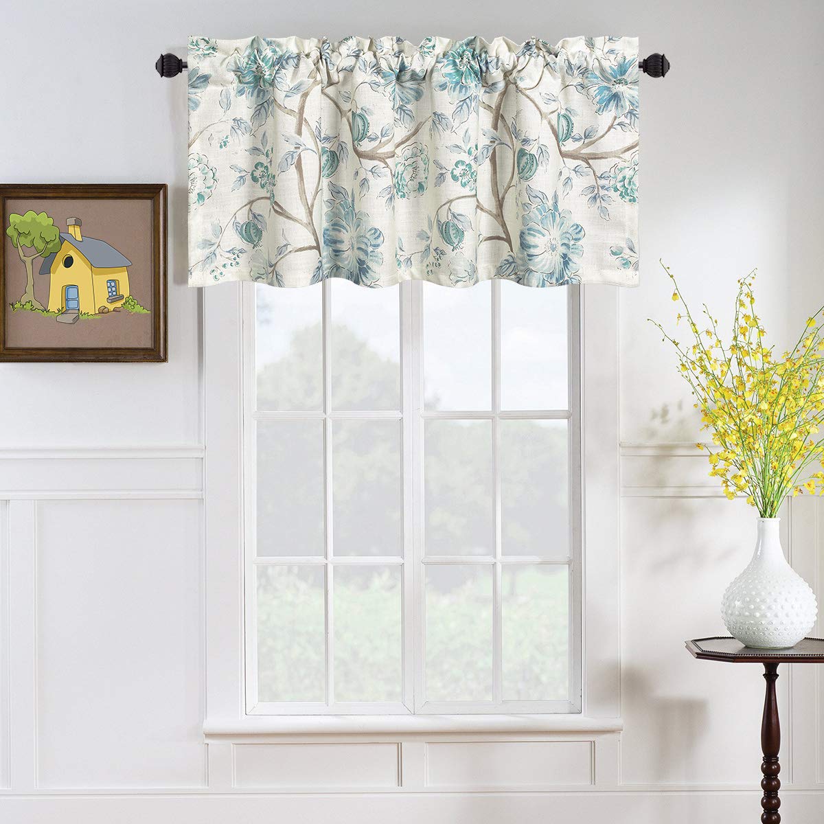 Leeva Kitchen Valances for Windows, Rod Pocket Watercolor Floral and Branches Design Elegant Drapes Valance for Bedroom, One Panel, 52 x 18, Blue