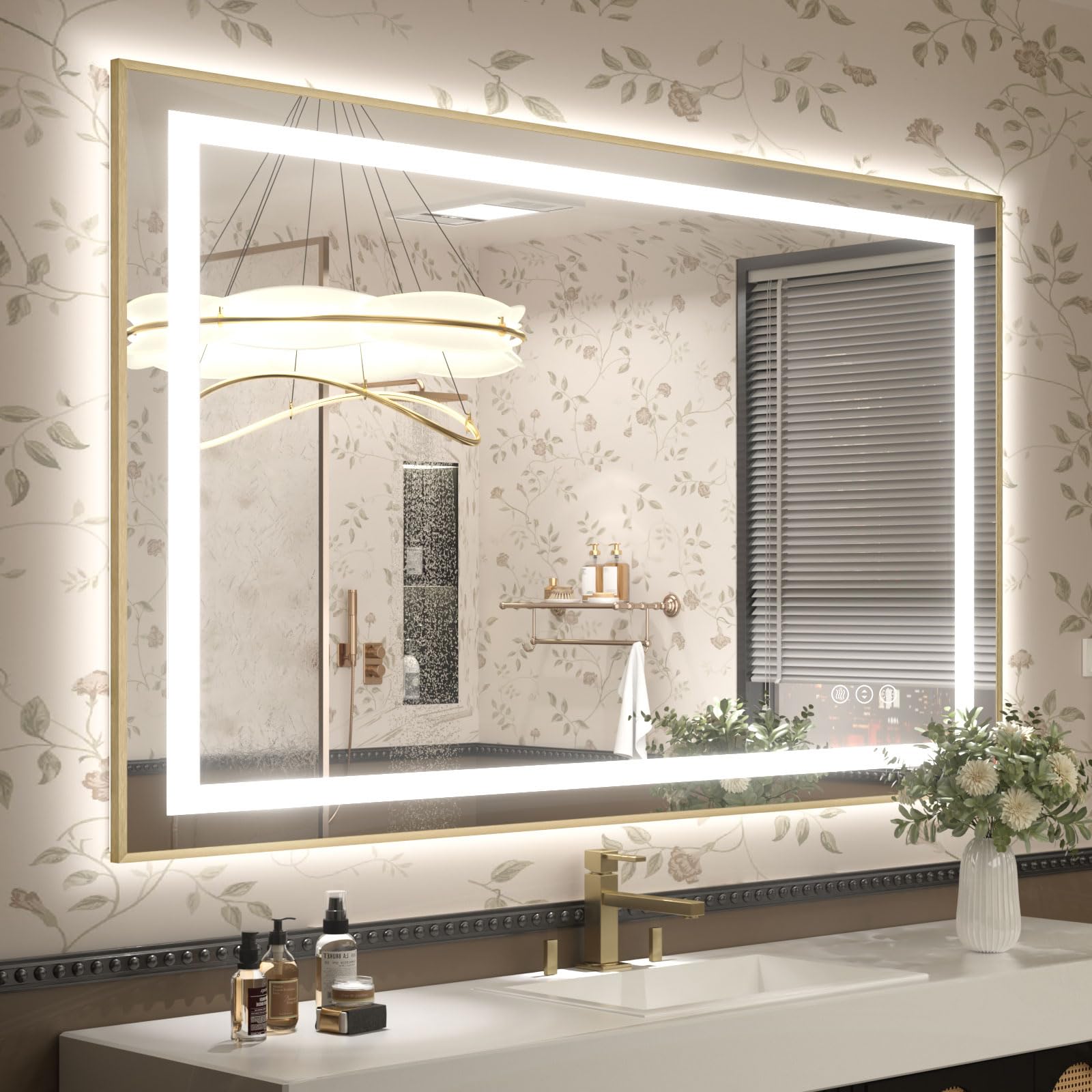 OKPAL 44x36 Gold Lighted Bathroom Mirror with Lights, Frontlit & Backlit LED Bathroom Mirror, Lighted Vanity Mirror, Anti-Fog, Dimmable 3 Colors, Shatterproof, Horizontal/Vertical