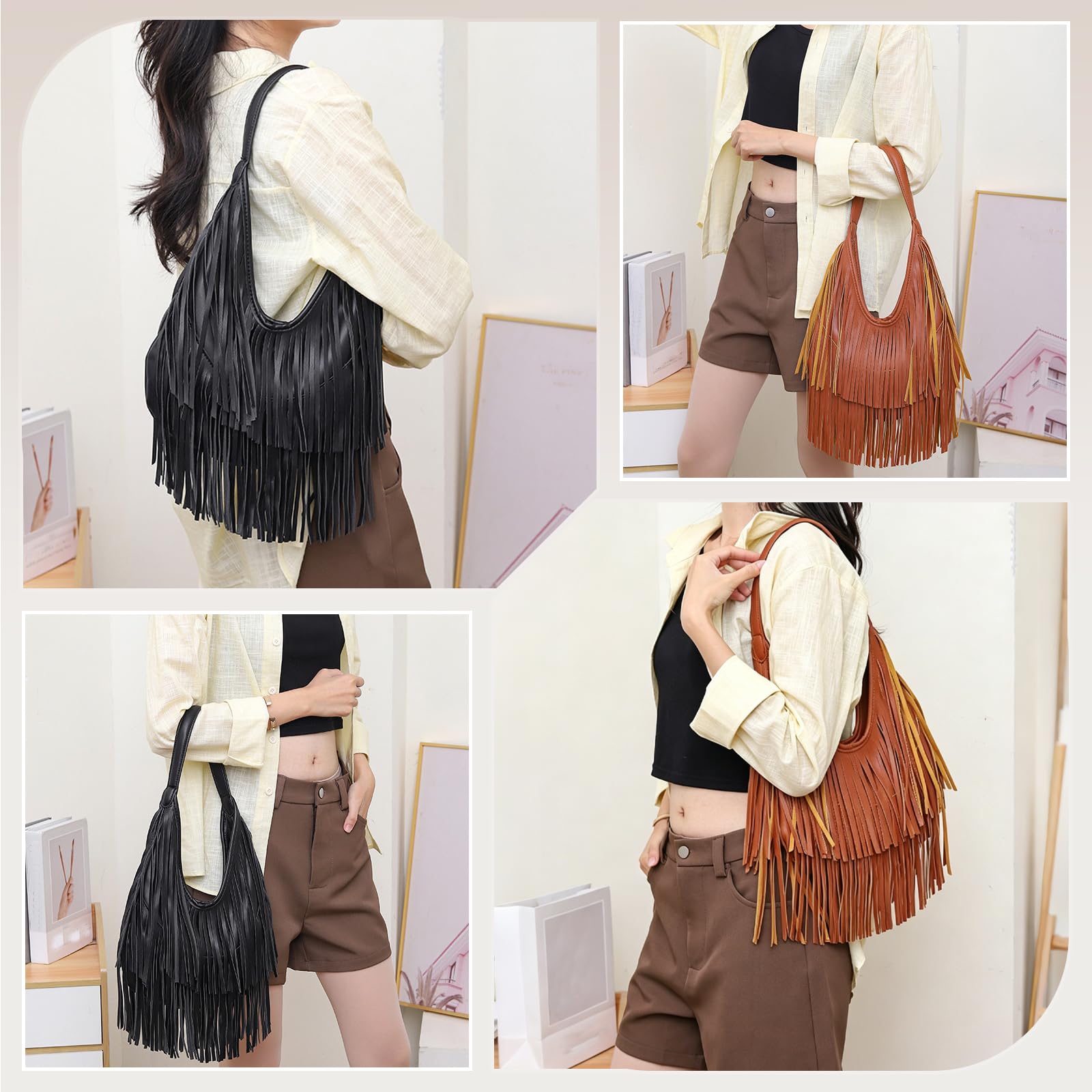 Sac à Main Femme avec Franges Sacs Portés Épaule en Cuir PU Style Bohème Chic Sac sous-Bras pour Idée Cadeau Usage Quotidien Noir
