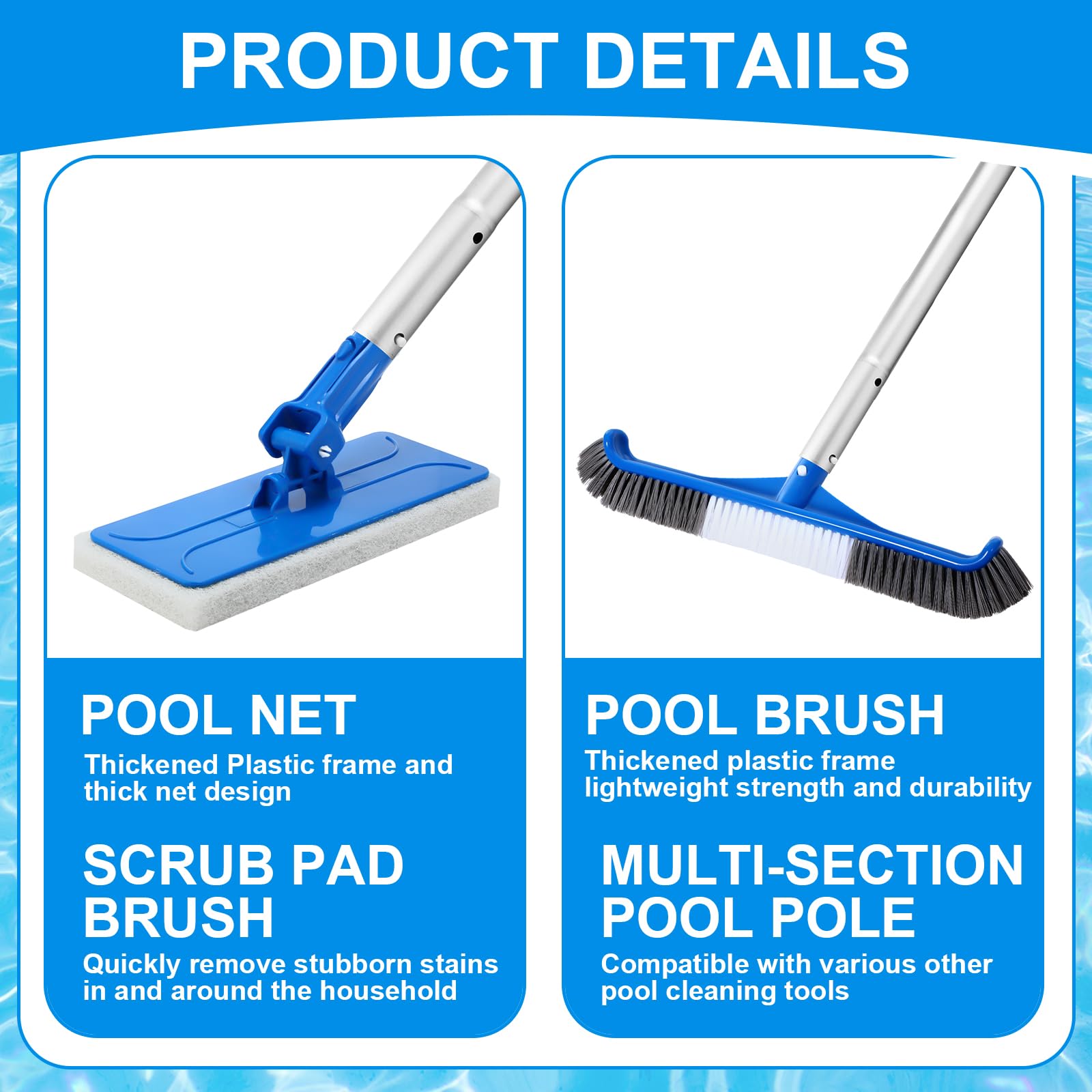 Tioncy Confezione da 4 kit di pulizia della piscina, con spazzola per la pulizia della piscina, spugna abrasiva, retino per foglie e pali per la pulizia della piscina gonfiabile, casa, spa, vasche
