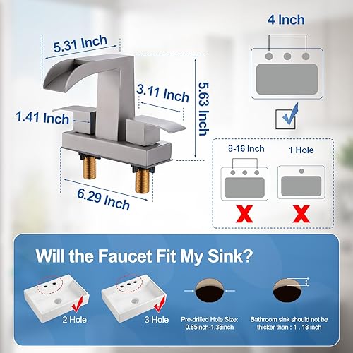 Miniatura 4 de Grifo de lavabo central de 4 pulgadas, grifo de baño de doble manija, adecuado para remodelación de baño, de dos o 3 agujeros, de níquel cepillado