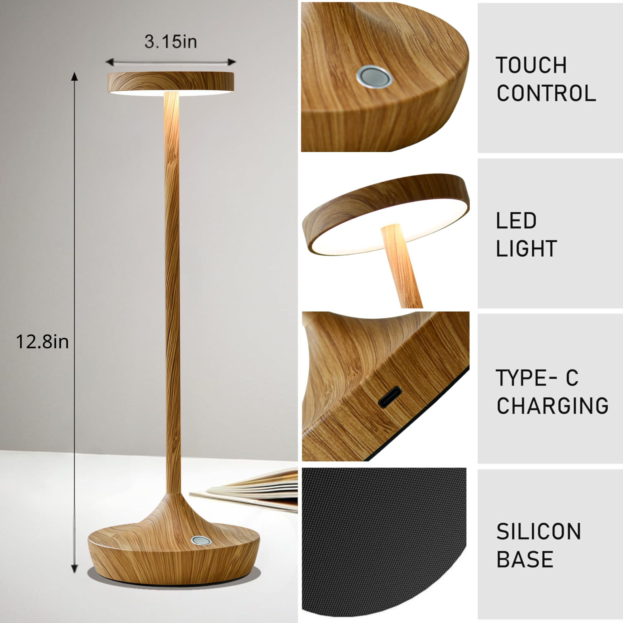 Lámpara de mesa inalámbrica recargable, luz LED de 6000 mAh, funciona con pilas, portátil, táctil, regulable, impermeable, para patio, bar, restaurante, comedor (patrón de bambú)