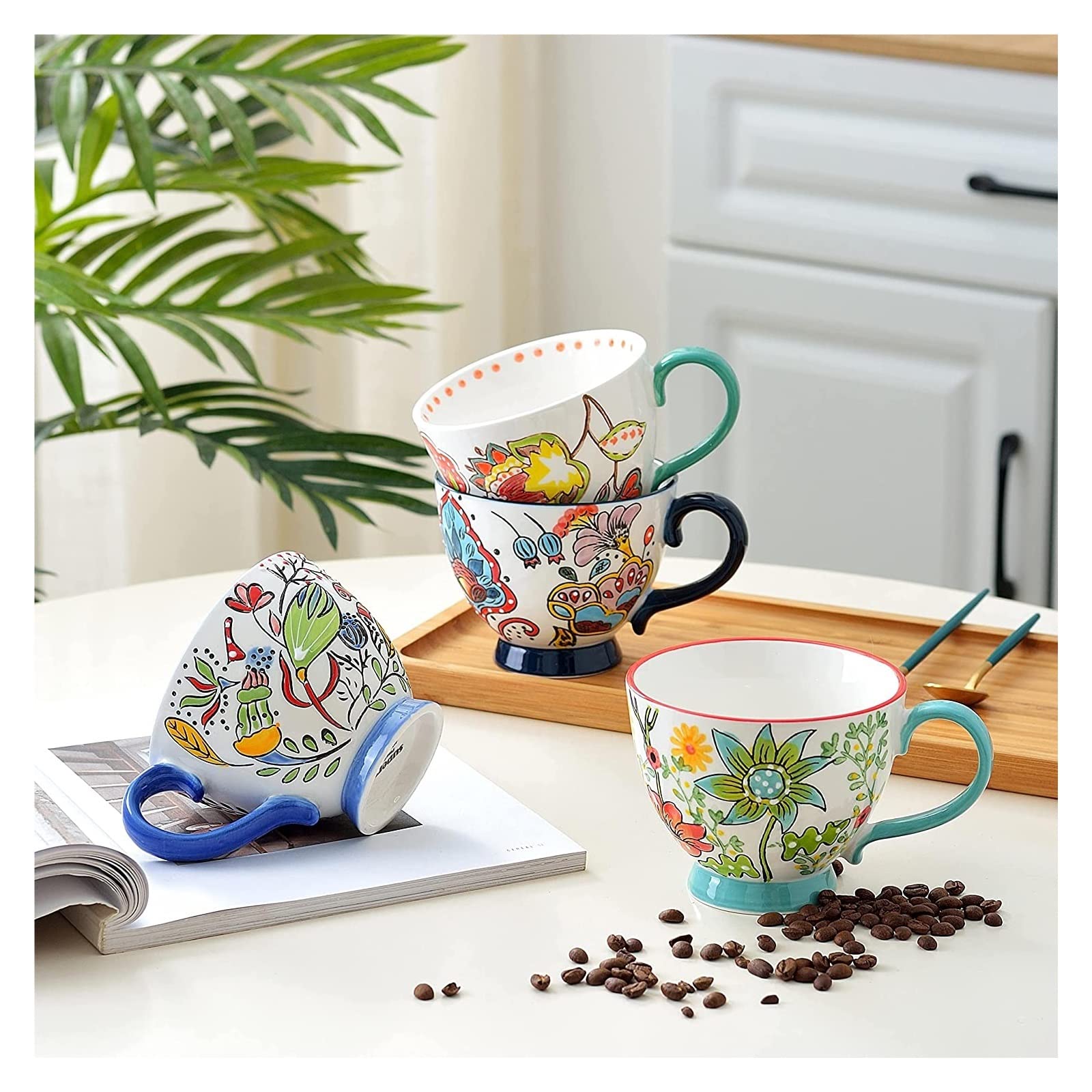 Orientalny ceramiczny zestaw do herbaty, zestaw do herbaty, czajniczek, filiżanka do kawy Ręcznie robione kwiatowe ceramiczne kubki do kawy Zestaw 4 filiżanek Latte do cappuccino, herbaty, kakao, mlek