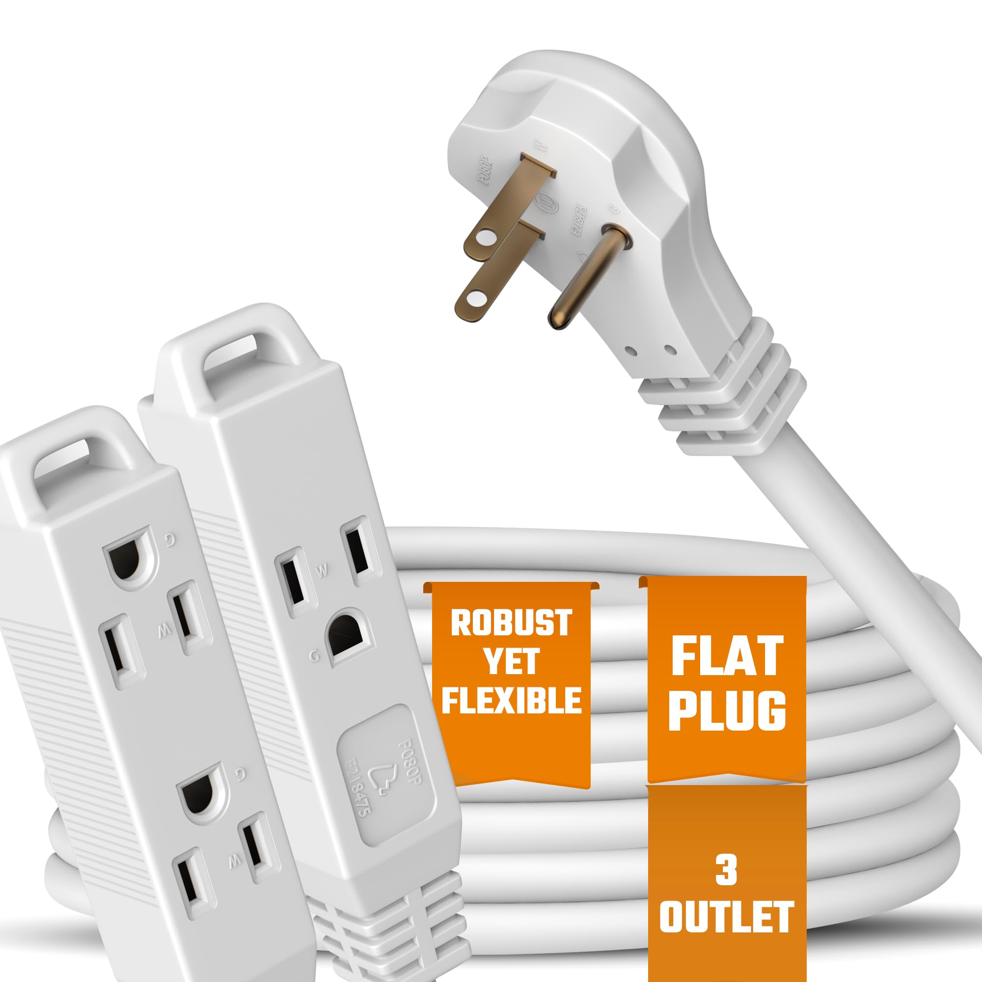 Flat 3-Outlet Extension Cord 30 Ft for Indoor Use by Bindmaster- UL-Listed 3-Prong Multi Extension Wire- Space-Saving Flat Angled Extension Cord