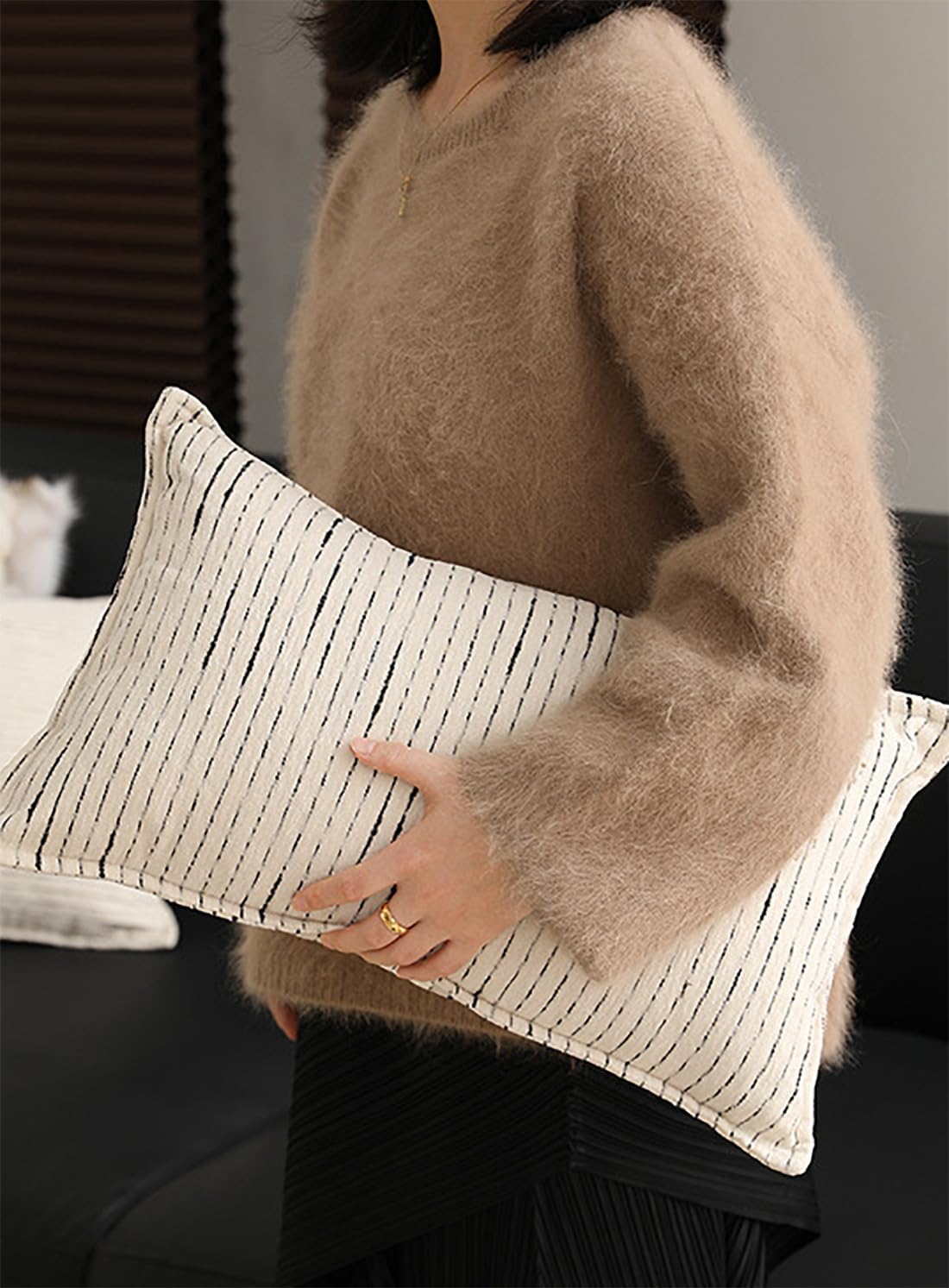 Fennco Styles Black Stripe Chenille Decorative Filled Throw Pillow 12" W X 20" L - White Woven Lumbar Pillow for Home, Couch, Bedroom, Living Room and Office Décor