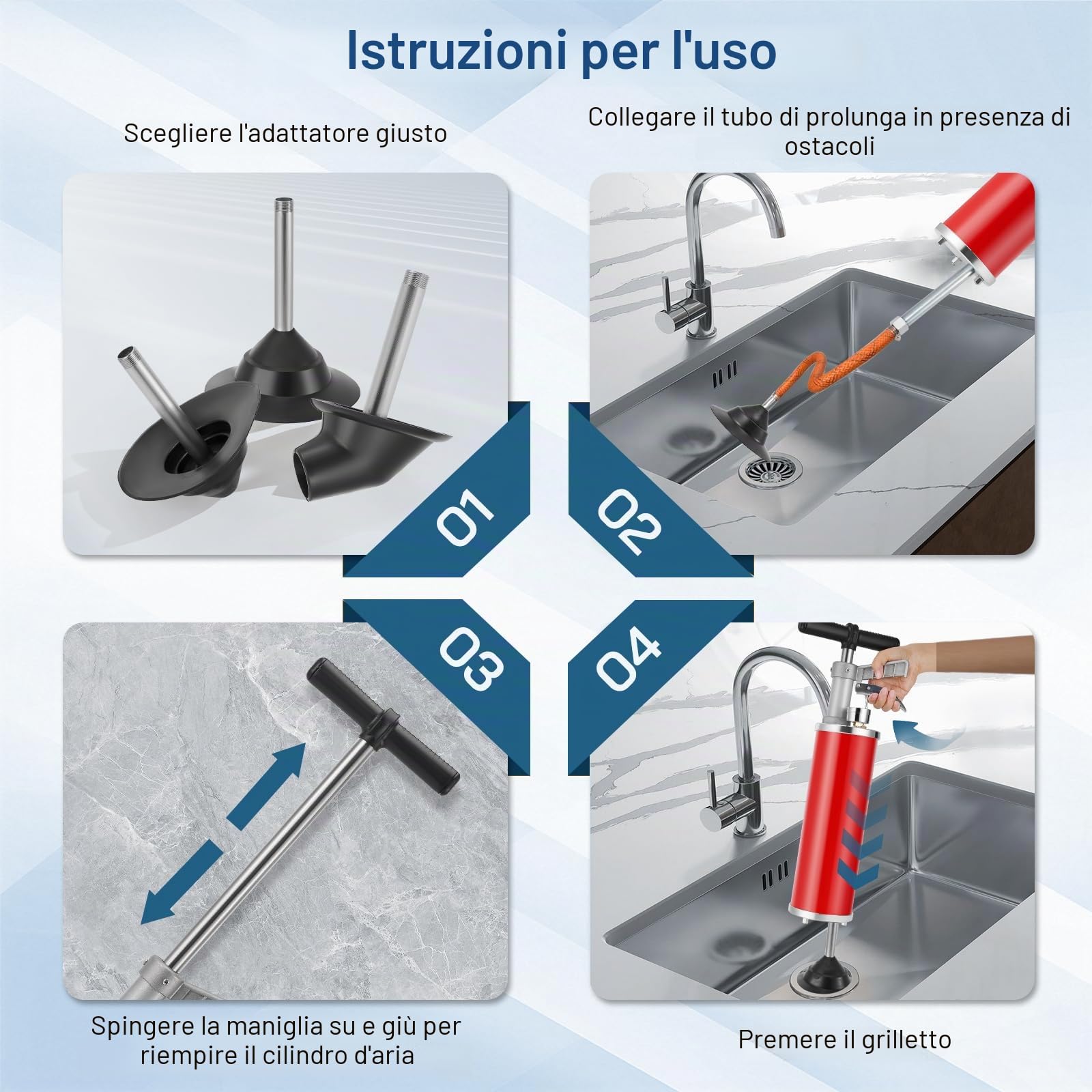 Pompa per la Pulizia Degli Scarichi XXL, Sonda Sturatubi con Manometro Regolabile, Pompa per la Pulizia Degli Scarichi con Ugello Dritto Reversibile, Adatta per Lavandini, Vasche da Bagno, WC