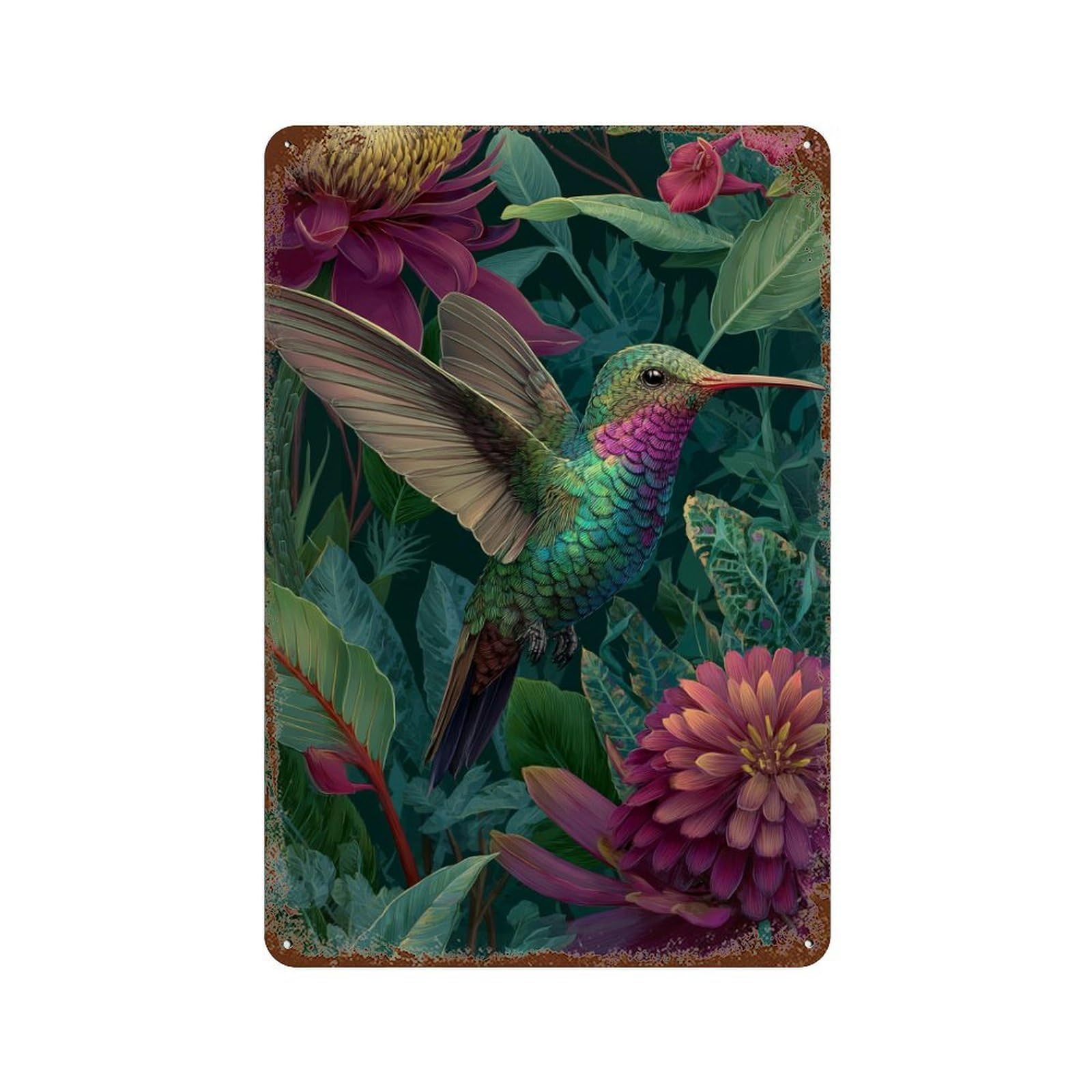 Vintage Rust Metal Sign Hummingbird Garden Fantasy 11.8"x7.9", Vintage Wall Decor for Office, Studio And Wall Decor