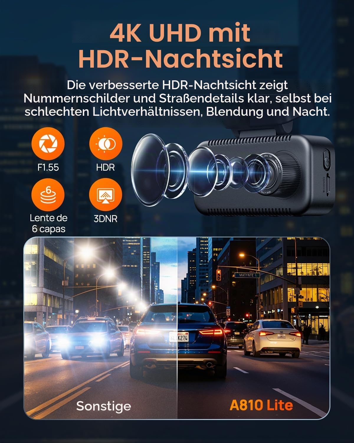 【70mai A810 Lite Dashcam + 64GB SD Karte + UP04】 70mai A810 Lite Dashcam, HDR Dual-Kanal Dash Cam, 2160P+1080P mit 64GB Karte, 24H Parküberwachung mit 4G LTE Fernzugriff