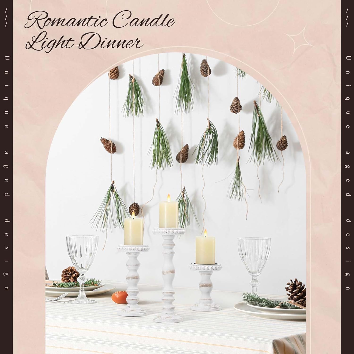 Mumufy 3 Pcs Candle Holders for Pillar Candles Rustic Farmhouse Home Decor Decorative Washed Beaded White Black Wood Candle Holder Country Style for Table Mantel Fireplace Wedding(White,Large)