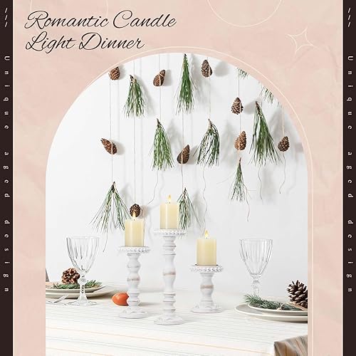 Miniatura 6 de Mumufy 3 portavelas para velas de pilar, decoración rústica de casa de campo, decoración del hogar, con cuentas lavadas, portavelas de madera blanca