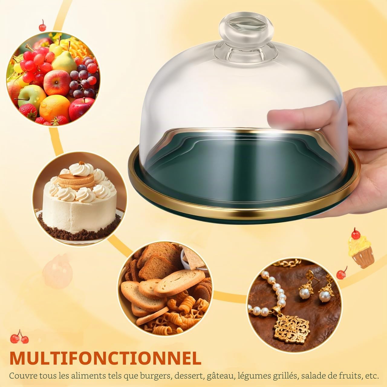 Cabilock 1 set de support à gâteau, cloche en verre, cloche à fromage, assiette en céramique, cloche à gâteau, cloche à gâteau, couvercle pour aliments