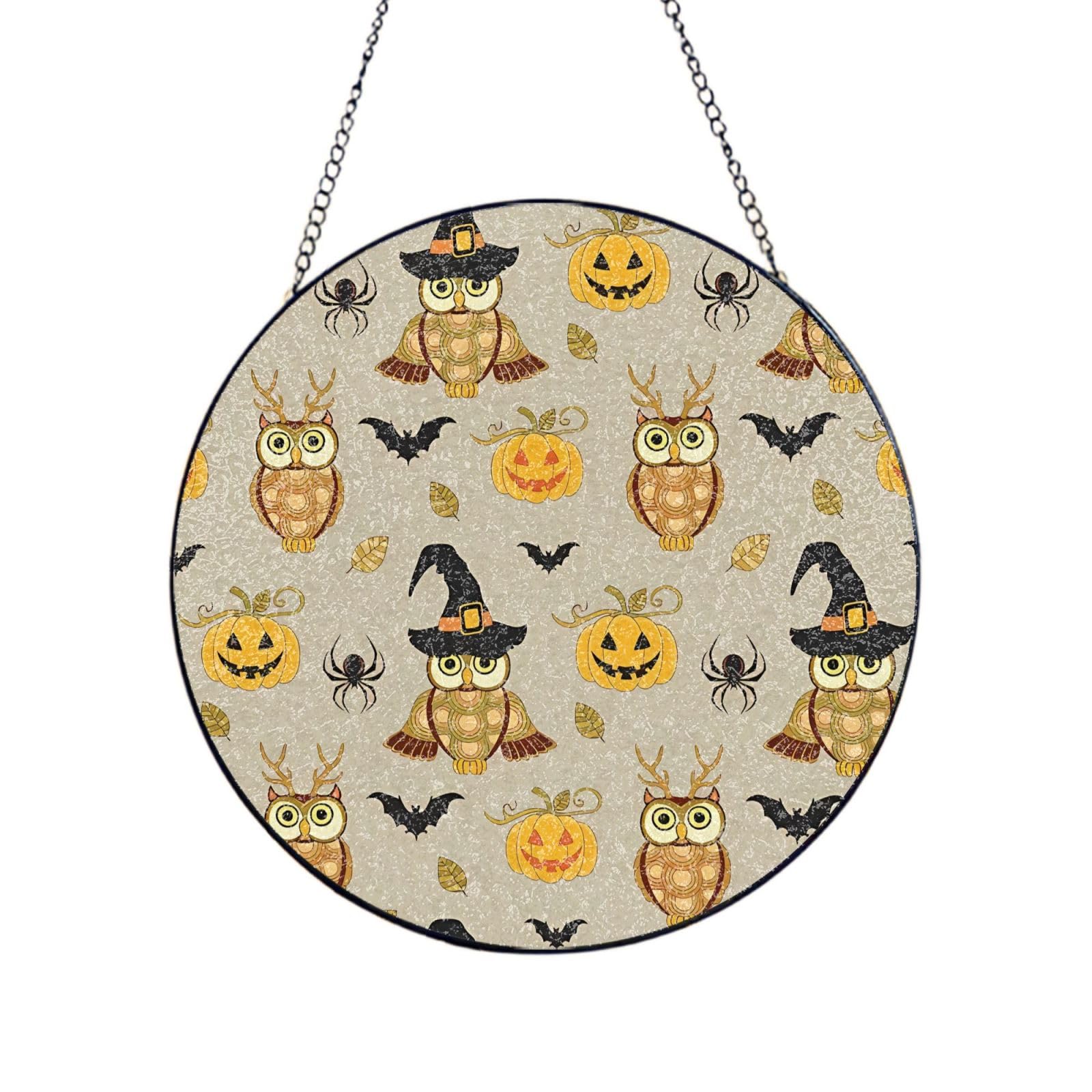 Phayah Halloween Pumpkin And Owl Print Glass Window Hanging Round Suncatcher Glass Ornament Garden Wall Fence Decorations Indoor Outdoor 8in（20cm）