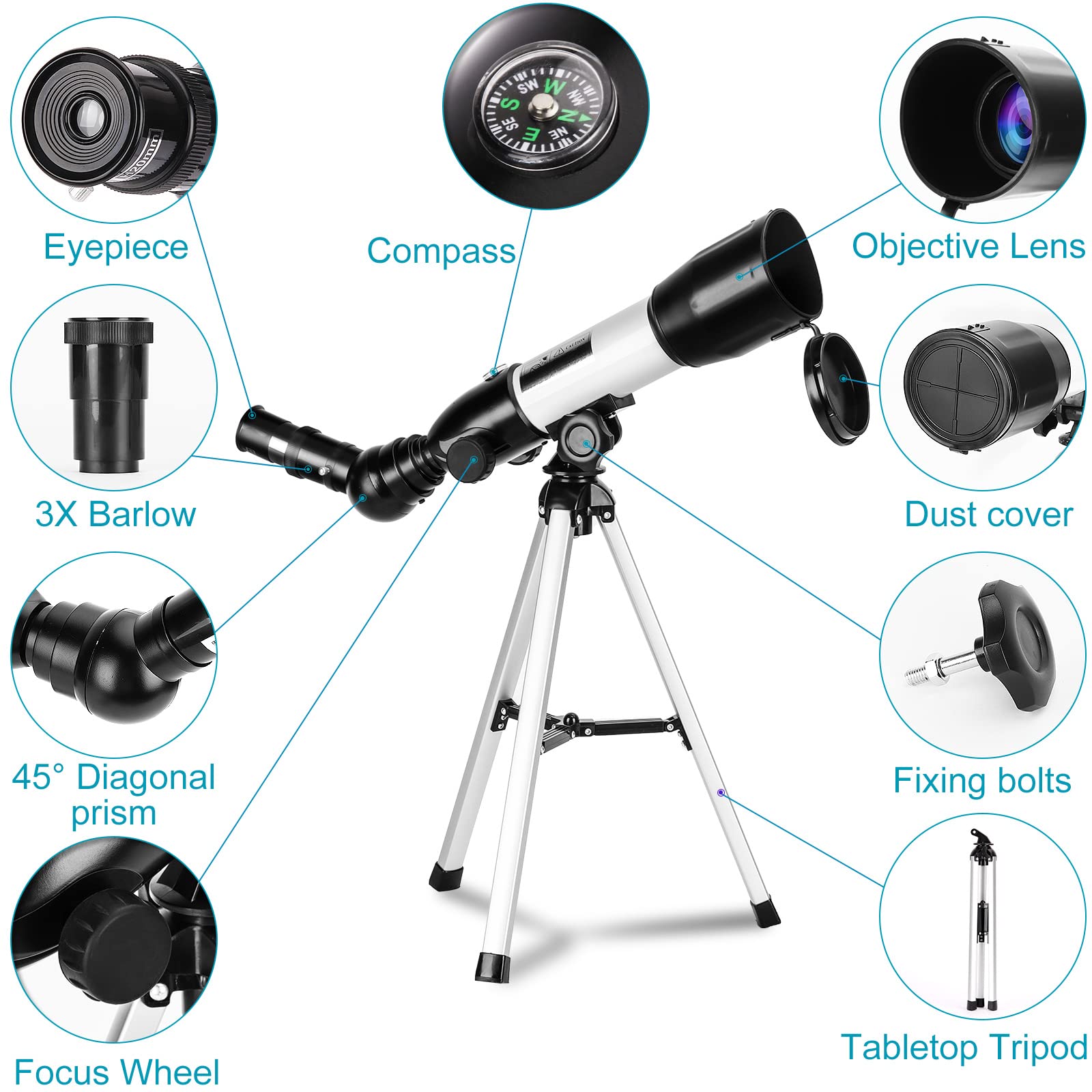 Télescope Astronomique, 36050 mm HD Portable Réflecteur Télescope, Lunette Astronomiques pour Enfants Et débutants, Trépied Portable en Aluminium, Enfants Cadeau
