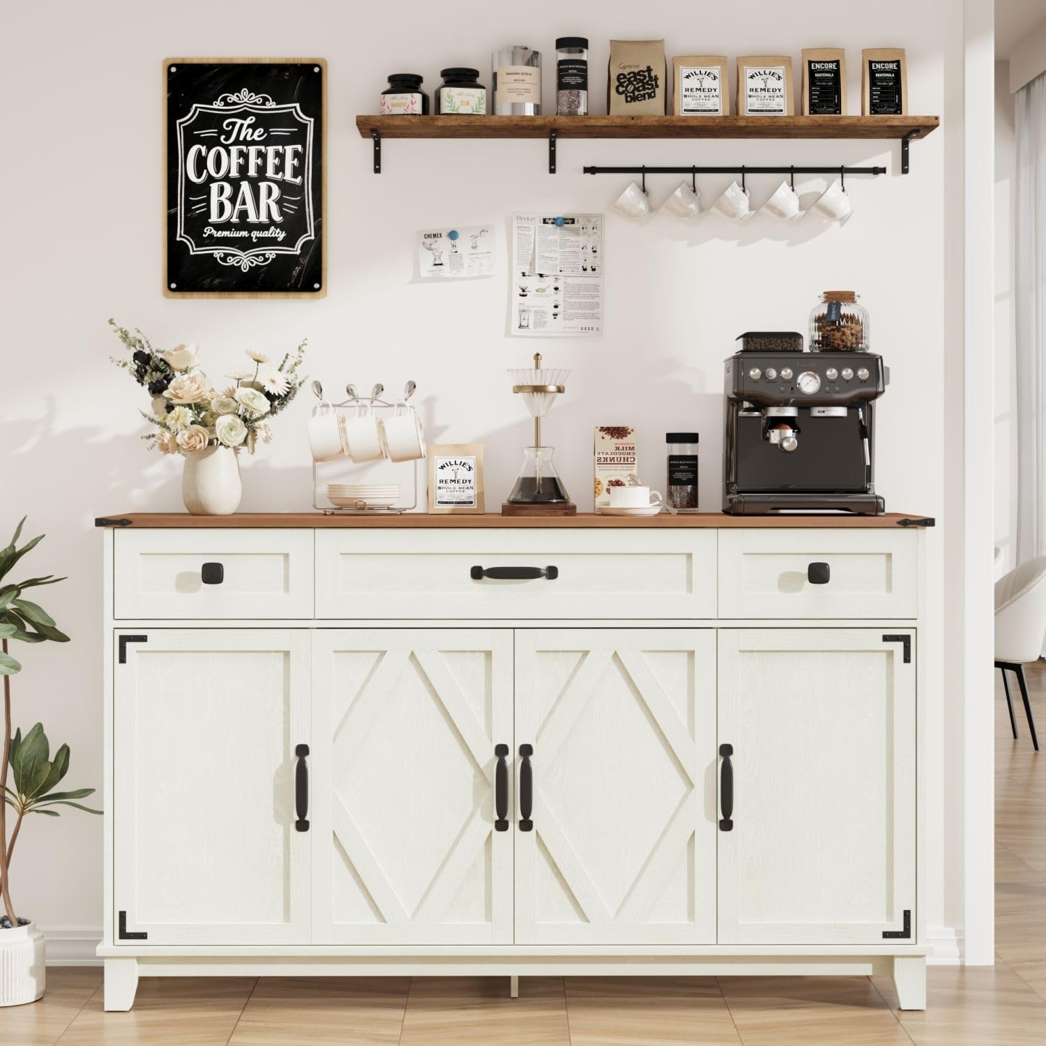 Farmhouse Buffet Cabinet with Drawers, 55" Large Sideboard Kitchen Buffet Storage Cabinet with 3 Adjustable Shelves and Doors Heightened Table Wood Coffee Bar for Kitchen Living Room, Off-White