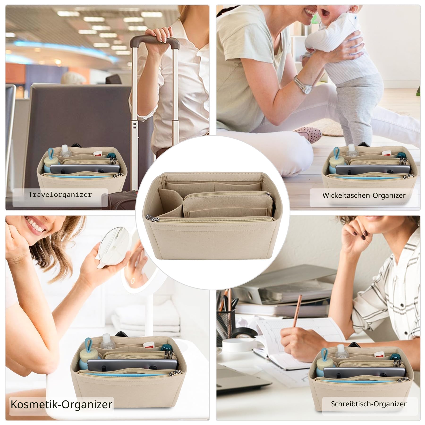 NOTAG Taschen-Organizer, Filztaschen-Organizer für Handtaschen, Multi-Taschen (Beige, L)