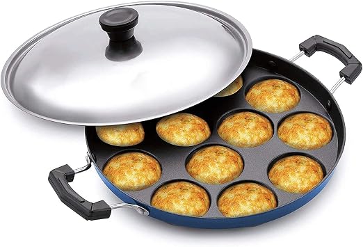 PANCA Premium 12 Cavity Appam Maker غير عصا من الألومنيوم Appe Tawa Appam Pan مع غطاء Appam Patra Appam Kadai Paniyarakkal، مقلاة Paniyaram، فطيرة - أزرق