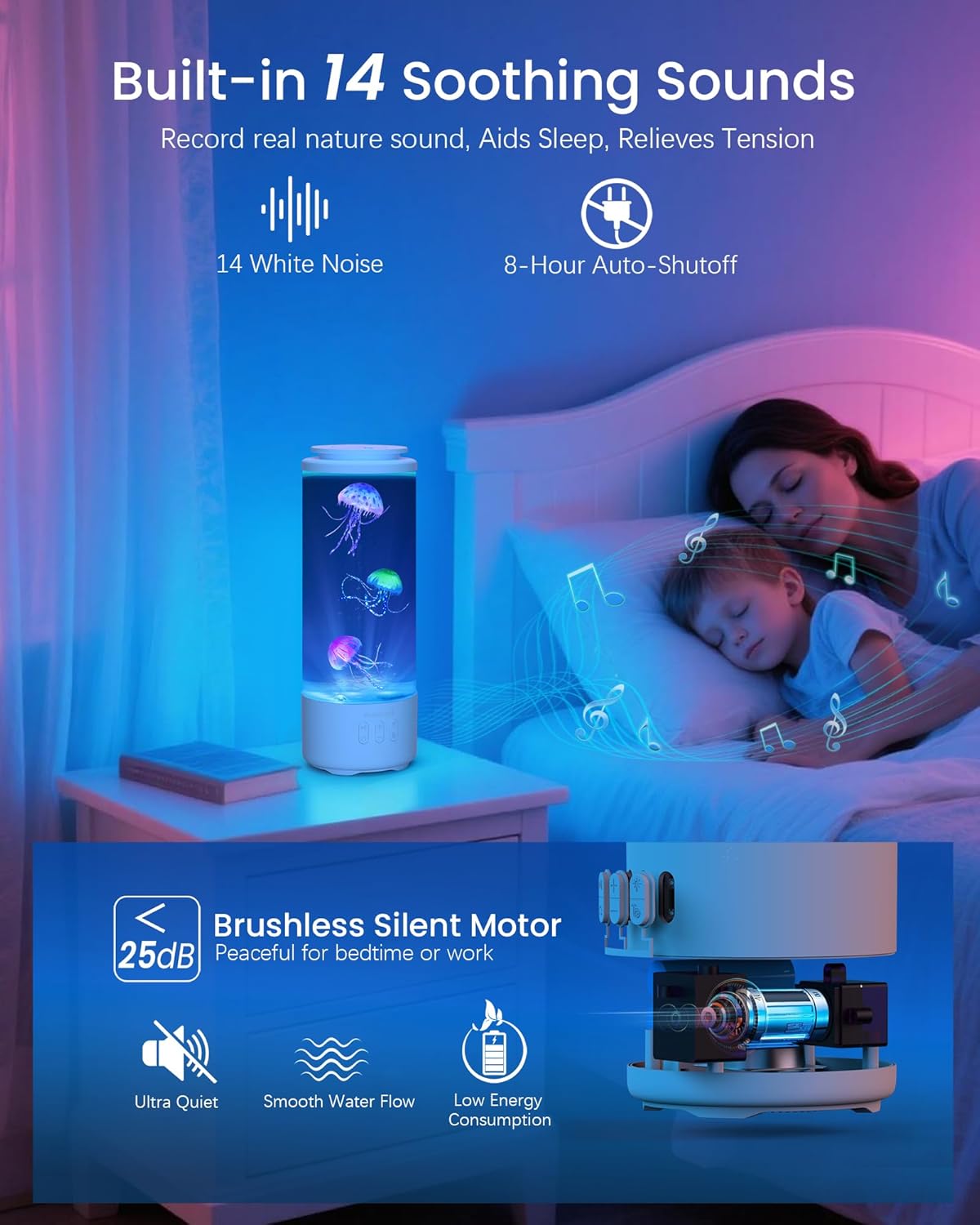 Jellyfish Lamp Bluetooth Speaker with White Noise – 7 Color Changing Jelly Fish Tank Aquarium Light, 4 Lighting Modes for Relax & Sleep, Home Office Bedroom Decor, Gift for Kids Teens Adults