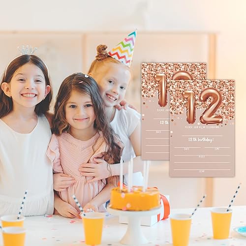 Miniatura 5 de Tarjetas de invitación de cumpleaños número 12, invitaciones de fiesta de cumpleaños número 12 con purpurina de oro rosa, suministros de decoración