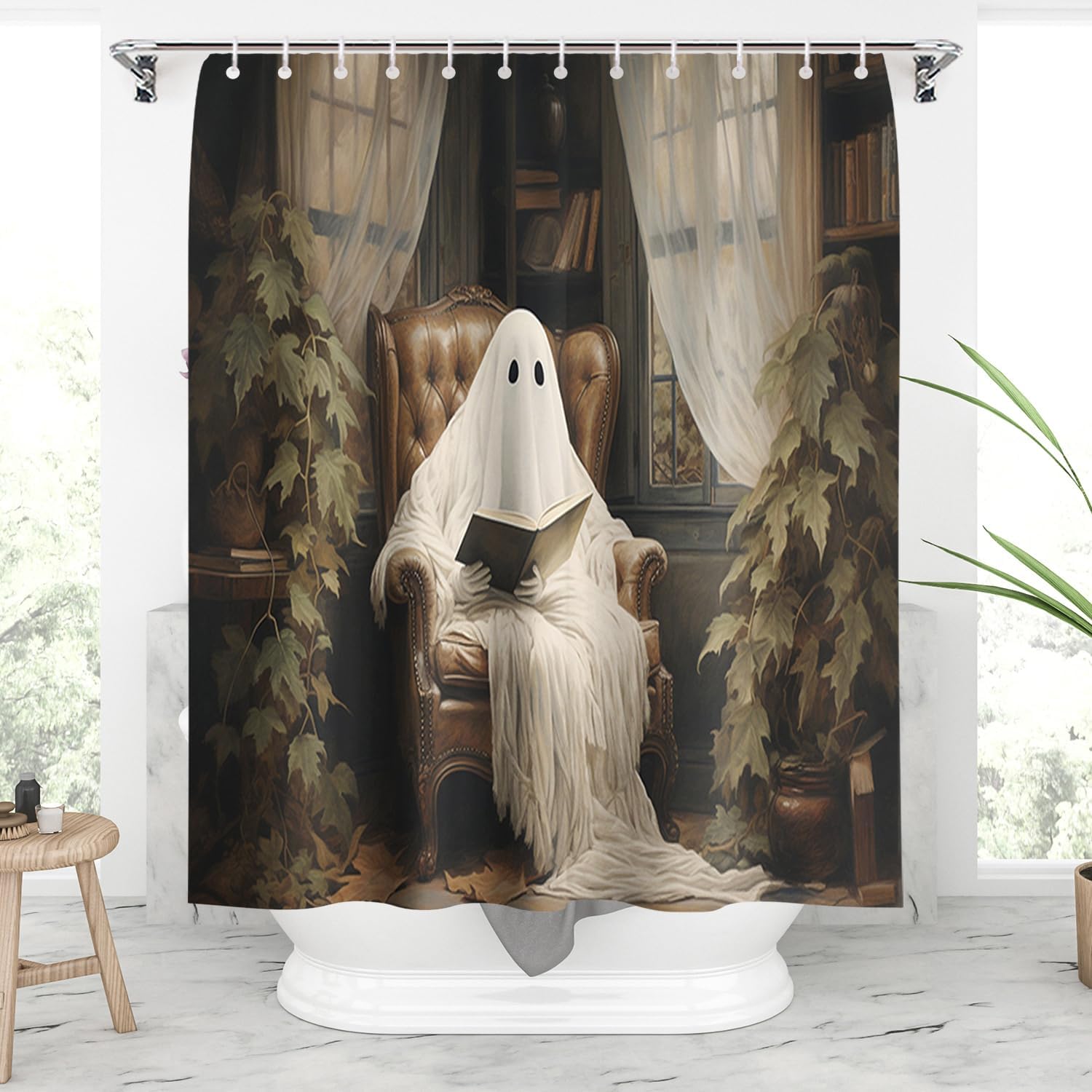 Orlco ArtCute Ghost Read Book Funny Decorations Bathroom Curtain Quick-Dry Fabric Shower Curtain Retro Vintage Quick-Dry Shower Curtain with 12 Hooks 72"x72"