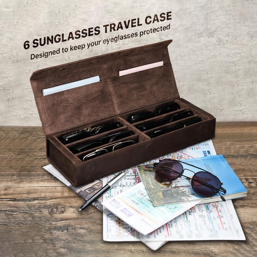 Contacts Caja de almacenamiento de gafas de cuero para hombres y mujeres, soporte para 2/4 lentes de sol, estuche de viaje, organizador de gafas con forro de microfibra y ranura para paño de limpieza