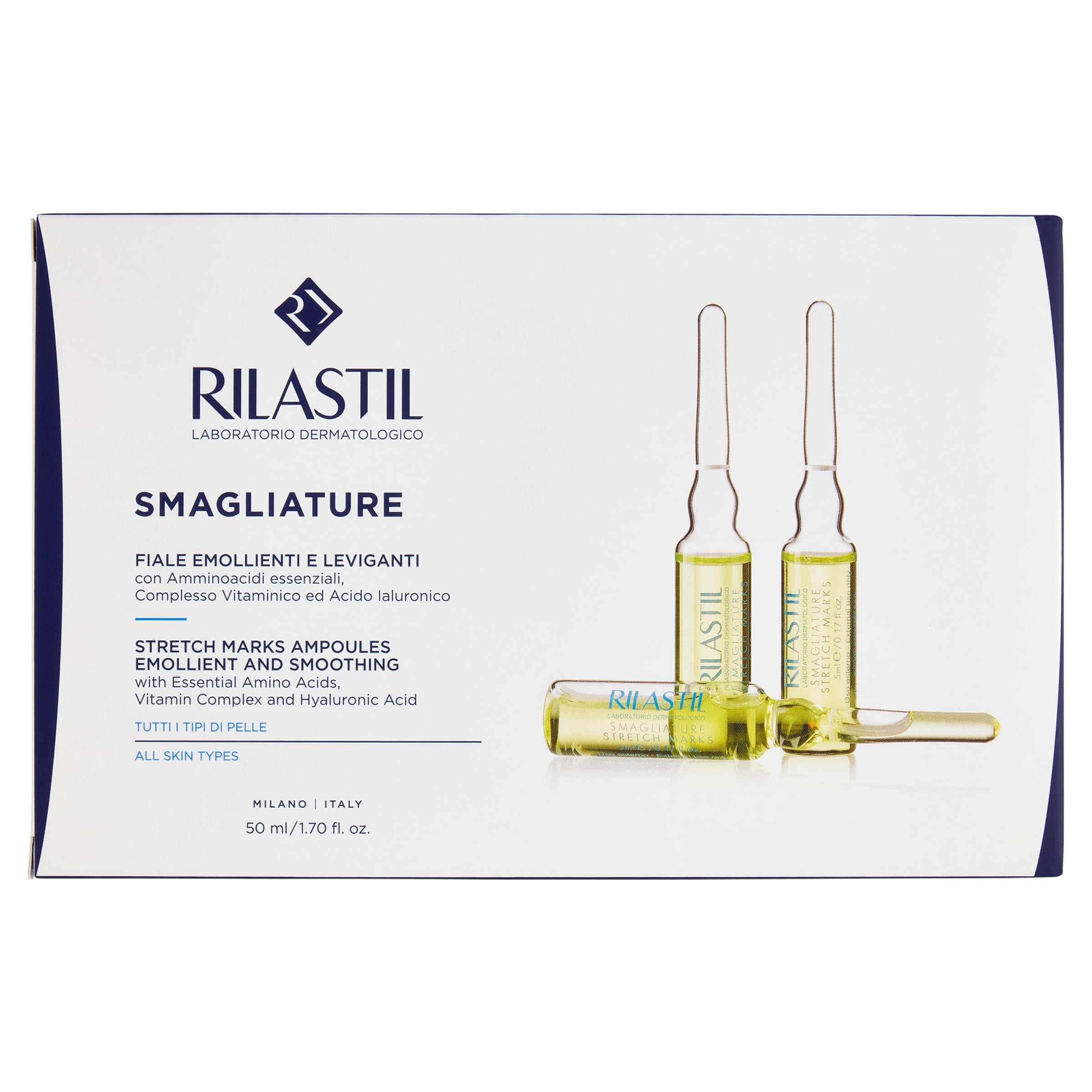 Rilastil Fiale Smagliature, Trattamento Intensivo, Emollienti e Leviganti, Tutti i Tipi di Pelle, Confezione da 10 fiale da 5 ml