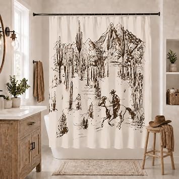 Western Cowboy Shower Curtain,Rustic Horse Cactus Bathroom Decor