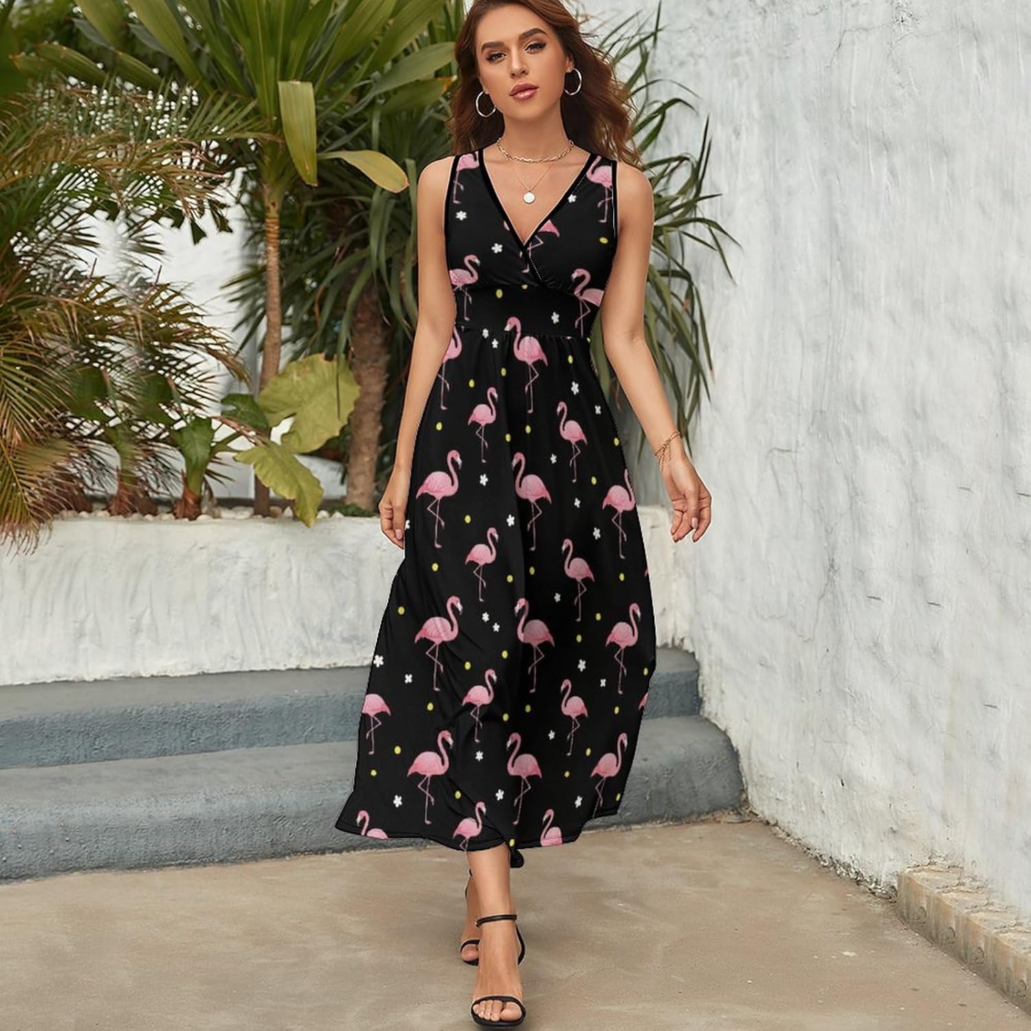 Women's Summer Casual Wrap Dress Sleeveless Flared Midi Dress