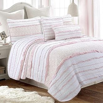 Cozy Line Home Fashions Pretty in Pink Girly Ruffle Stripped 100% Cotton Reversible Quilt Bedding Set, Coverlet, Bedspread (Pink Princess, Queen - 3 Piece: 1 Quilt + 2 Shams)