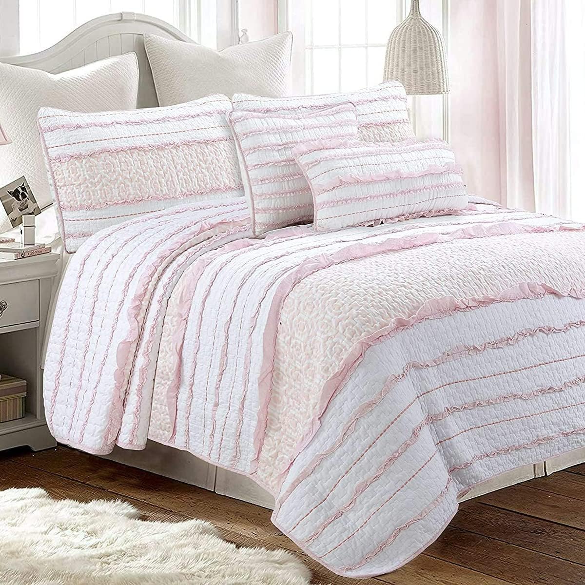 Cozy Line Home Fashions Pretty in Pink Girly Ruffle Stripped 100% Cotton Reversible Quilt Bedding Set, Coverlet, Bedspread (Pink Princess, Queen - 3 Piece: 1 Quilt + 2 Shams)