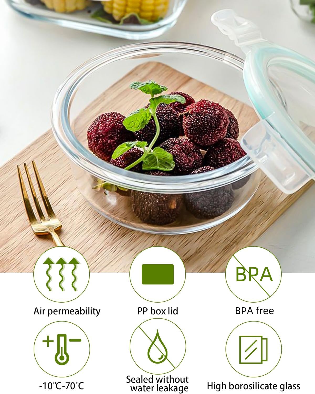 heuchaey Set per conservazione degli alimenti, contenitori vetro,a prova di liquidi,con valvola di sfiato, coperchio trasparente, per microonde,frigorifero,lavastoviglie,materiale per uso alimentare