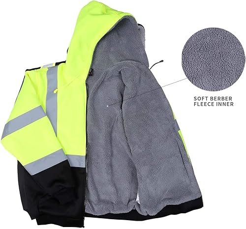 Miniatura 4 de VENDACE Sudadera con capucha para hombre ANSI Clase 3 de alta visibilidad, de lana, forro polar, con cremallera, con parte inferior negra (amarillo,