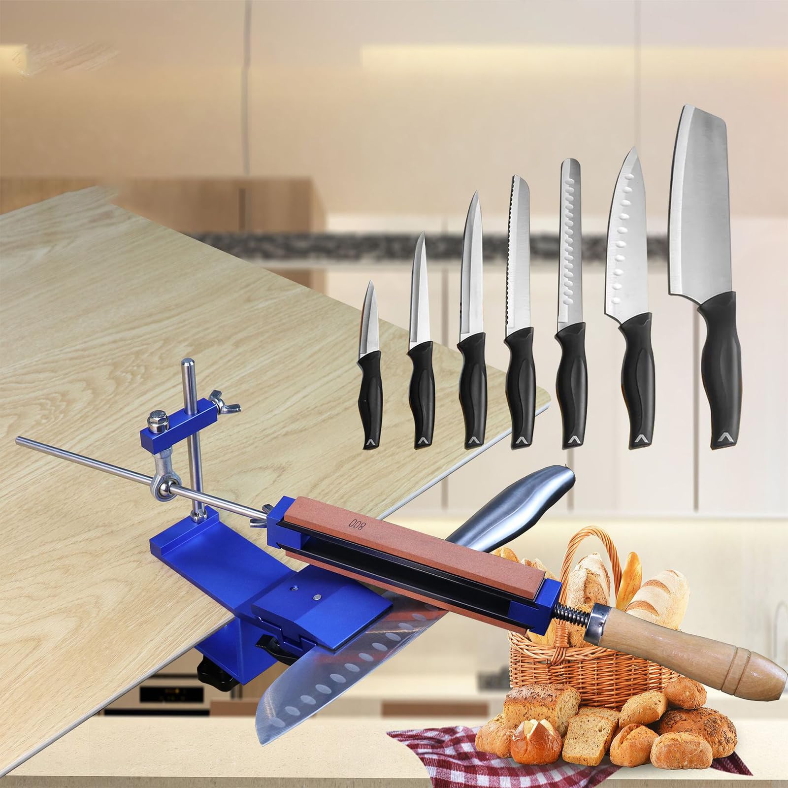 Afilador de Cuchillos Profesional Ángulo Fijo con 8 Piedras de Afilar, Sistema de Afilar Cuchillos Cocina 360° Rotación, Kit de Afilado Manual para Chef en Casa, Knife Sharpener