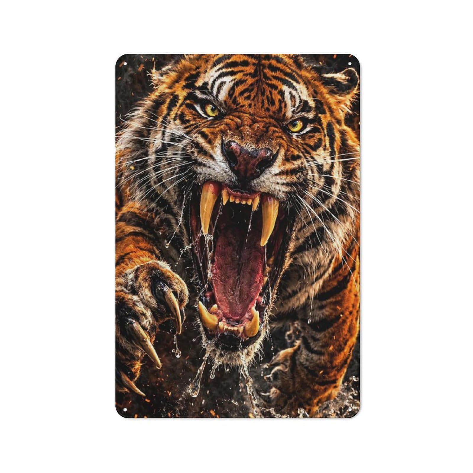 Fierce Tiger Roaring with Water Splashes Retro Metal Wall Decor 30x20cm, Retro Metal Sign for Garage, Hobby Room, Office Or Man Cave